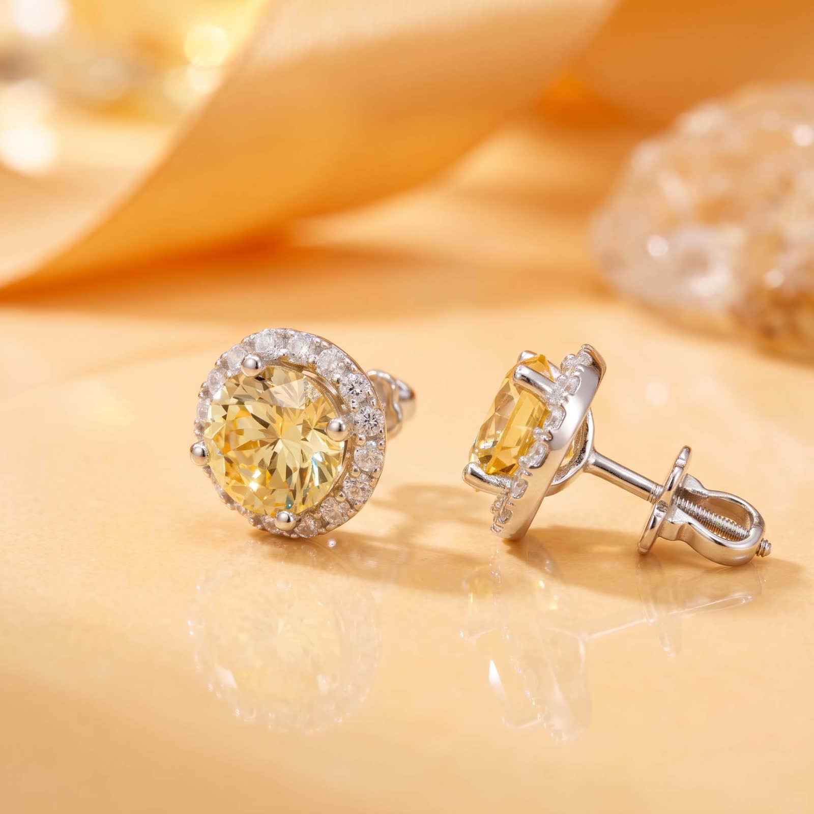 Yellow Cubic Zirconia Halo Stud Earrings in Platinum-Plated Sterling Silver - View 3