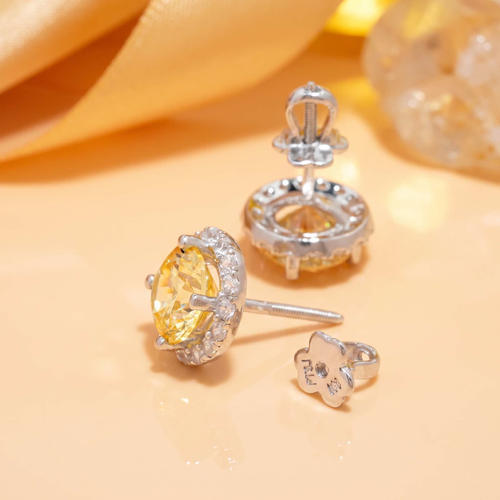 Yellow Cubic Zirconia Halo Stud Earrings in Platinum-Plated Sterling Silver - View 4