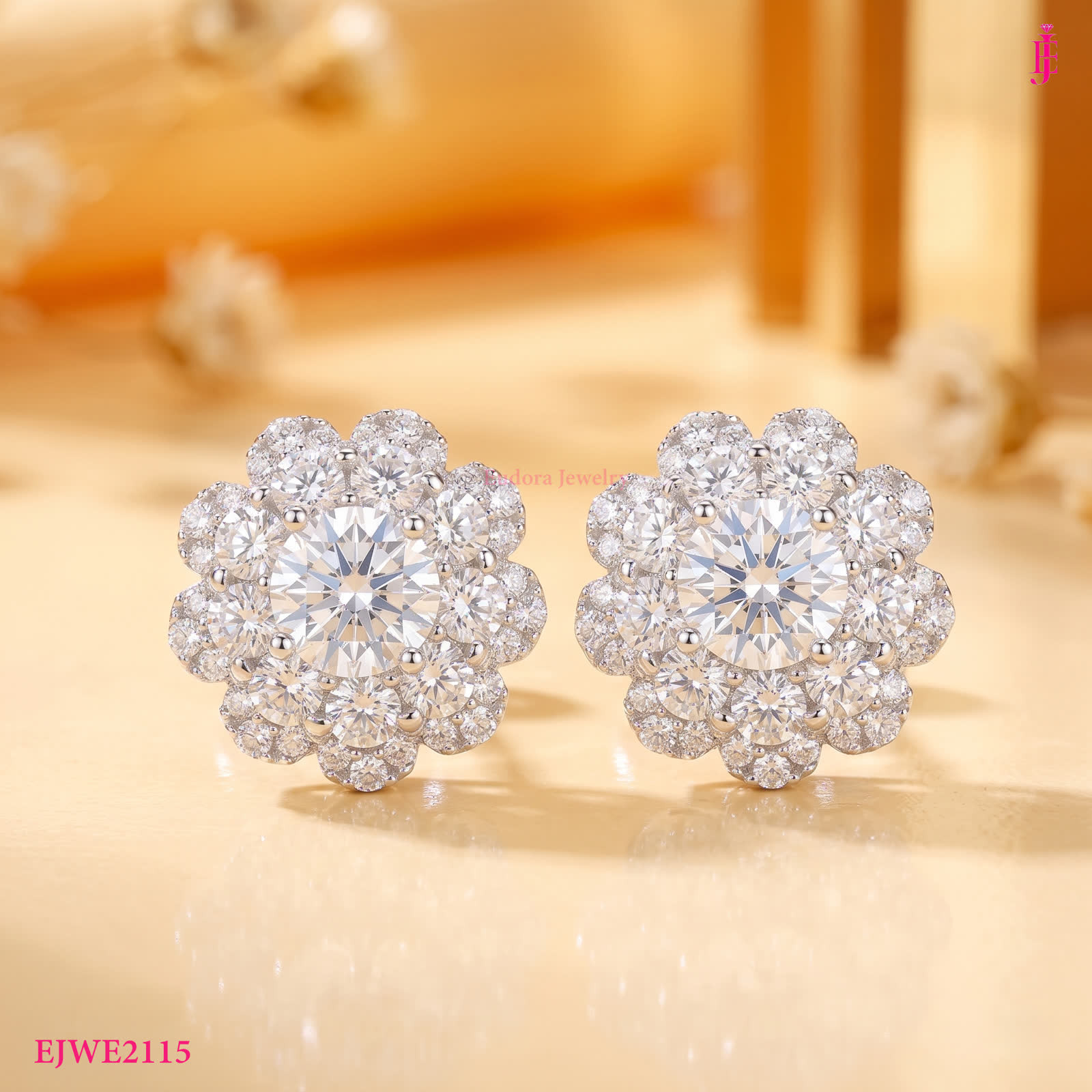Round CZ Floral Halo Earrings in Sterling Silver - View 1