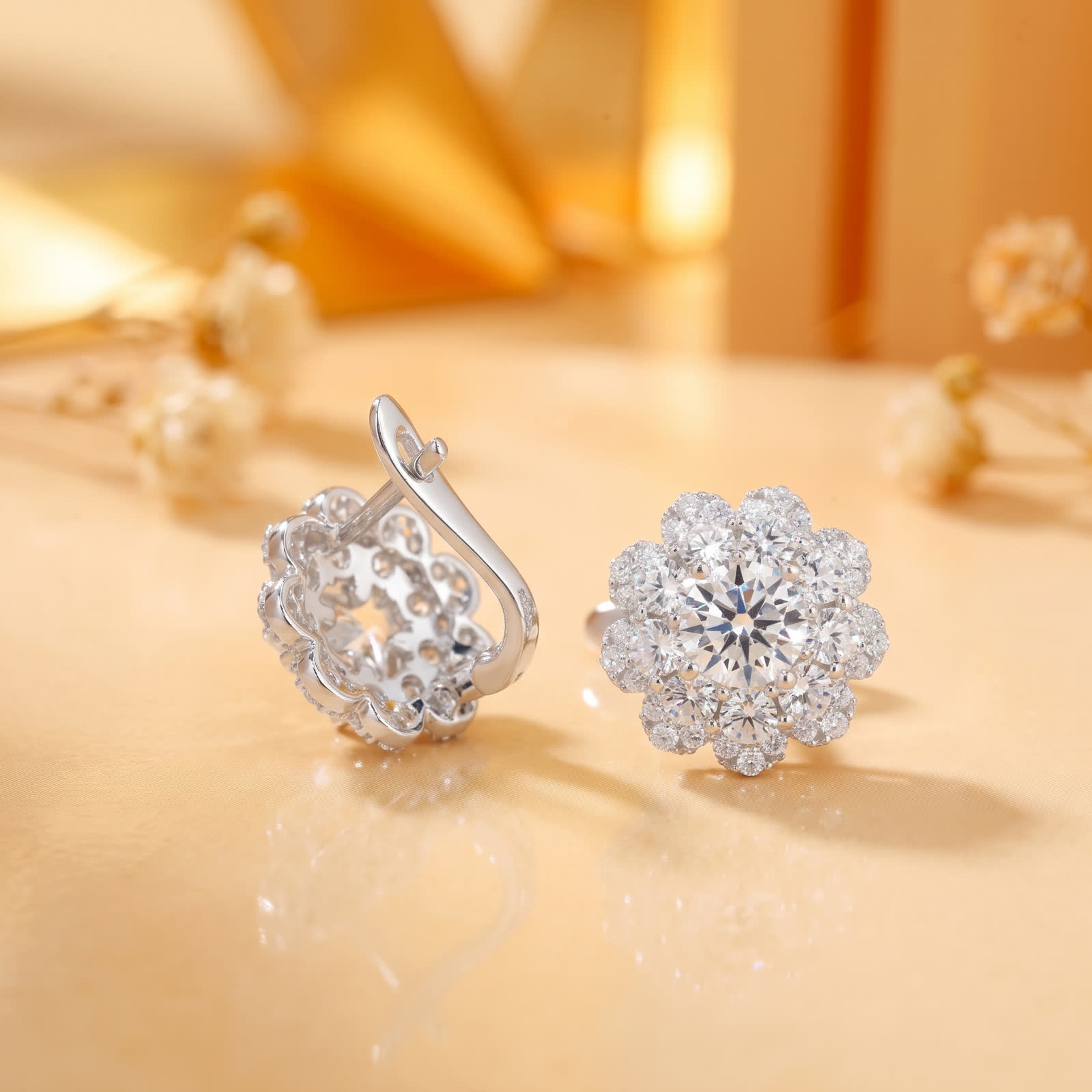 Round CZ Floral Halo Earrings in Sterling Silver - View 2