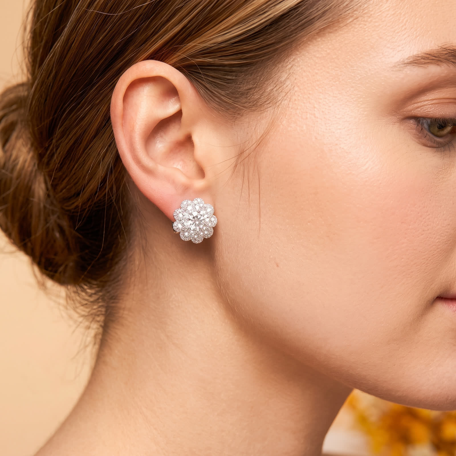 Round CZ Floral Halo Earrings in Sterling Silver - View 4