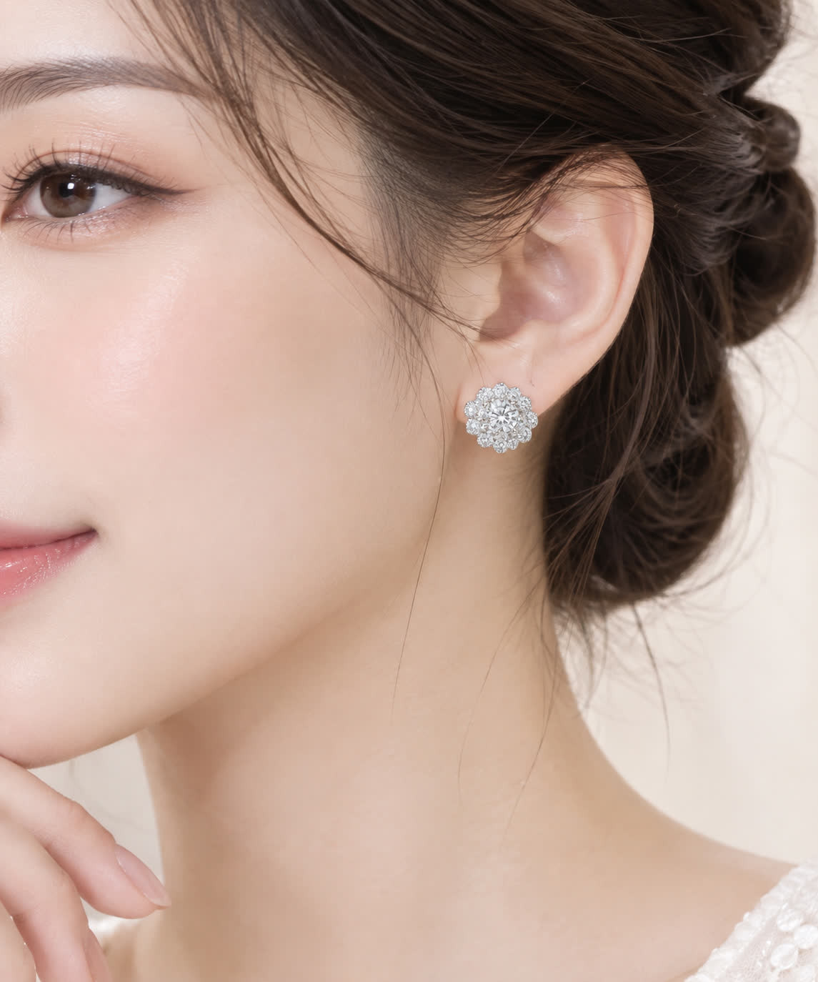 Round CZ Floral Halo Earrings in Sterling Silver - View 5