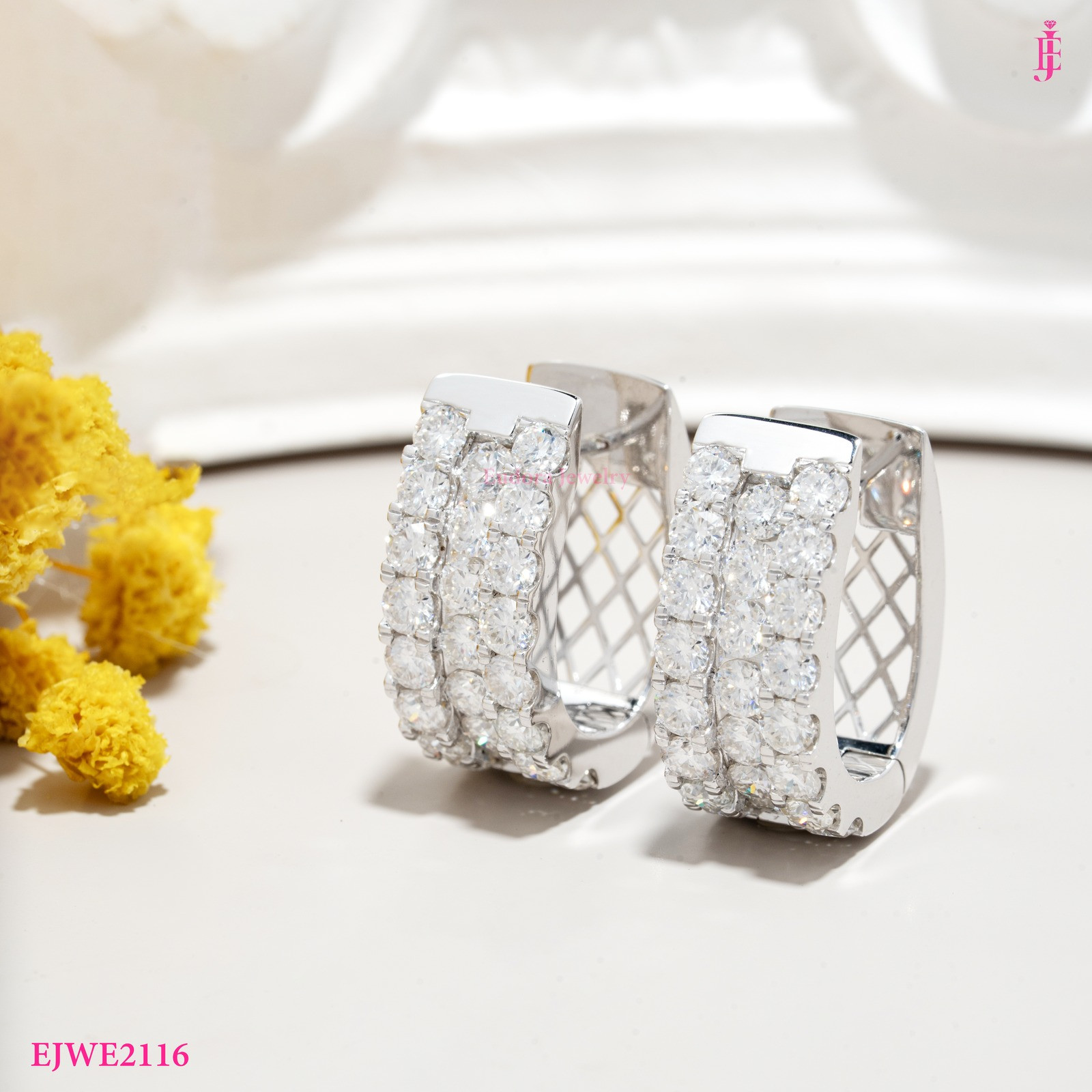 Three-Row Moissanite Huggie Hoop Earrings in 14K White Gold - View 1