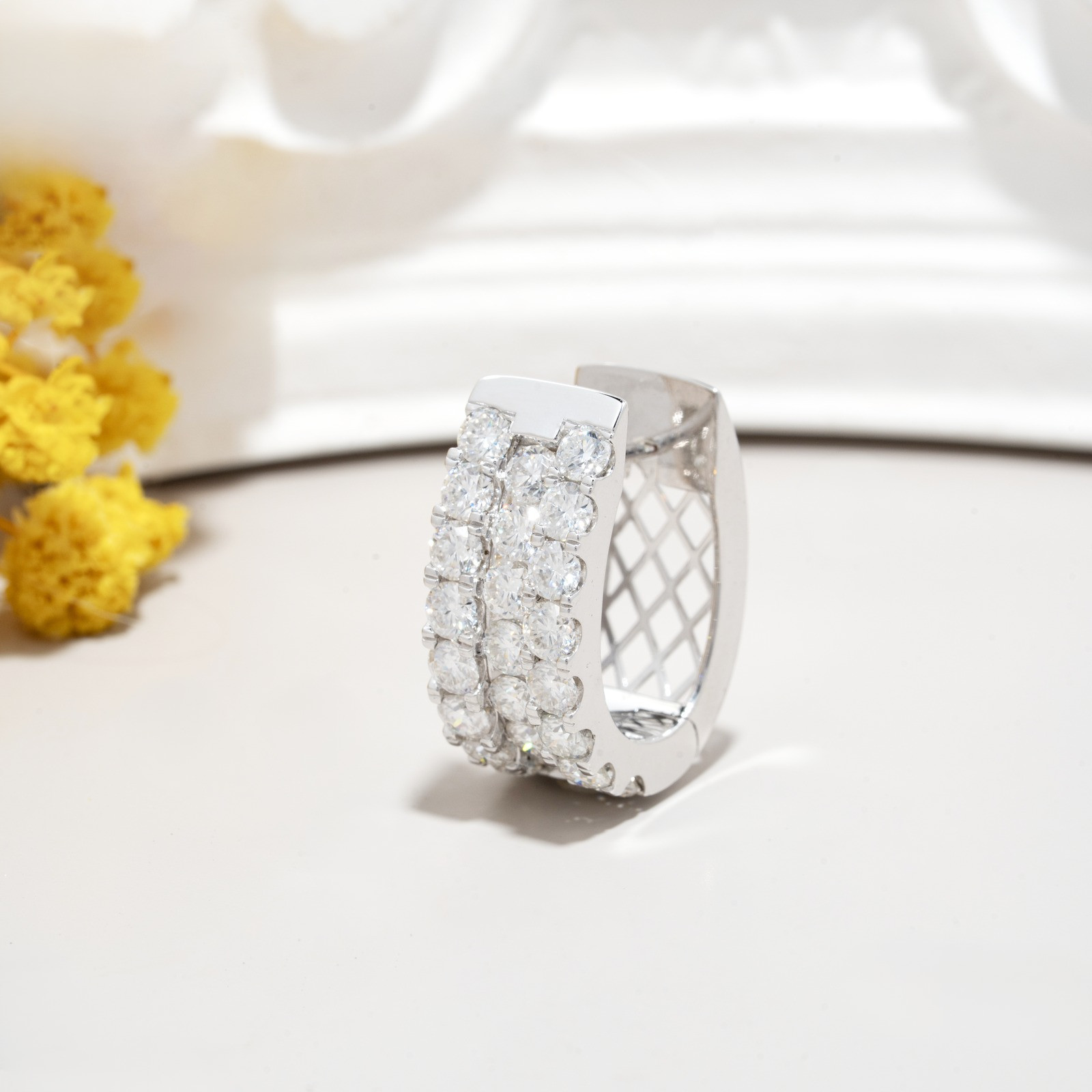 Three-Row Moissanite Huggie Hoop Earrings in 14K White Gold - View 3