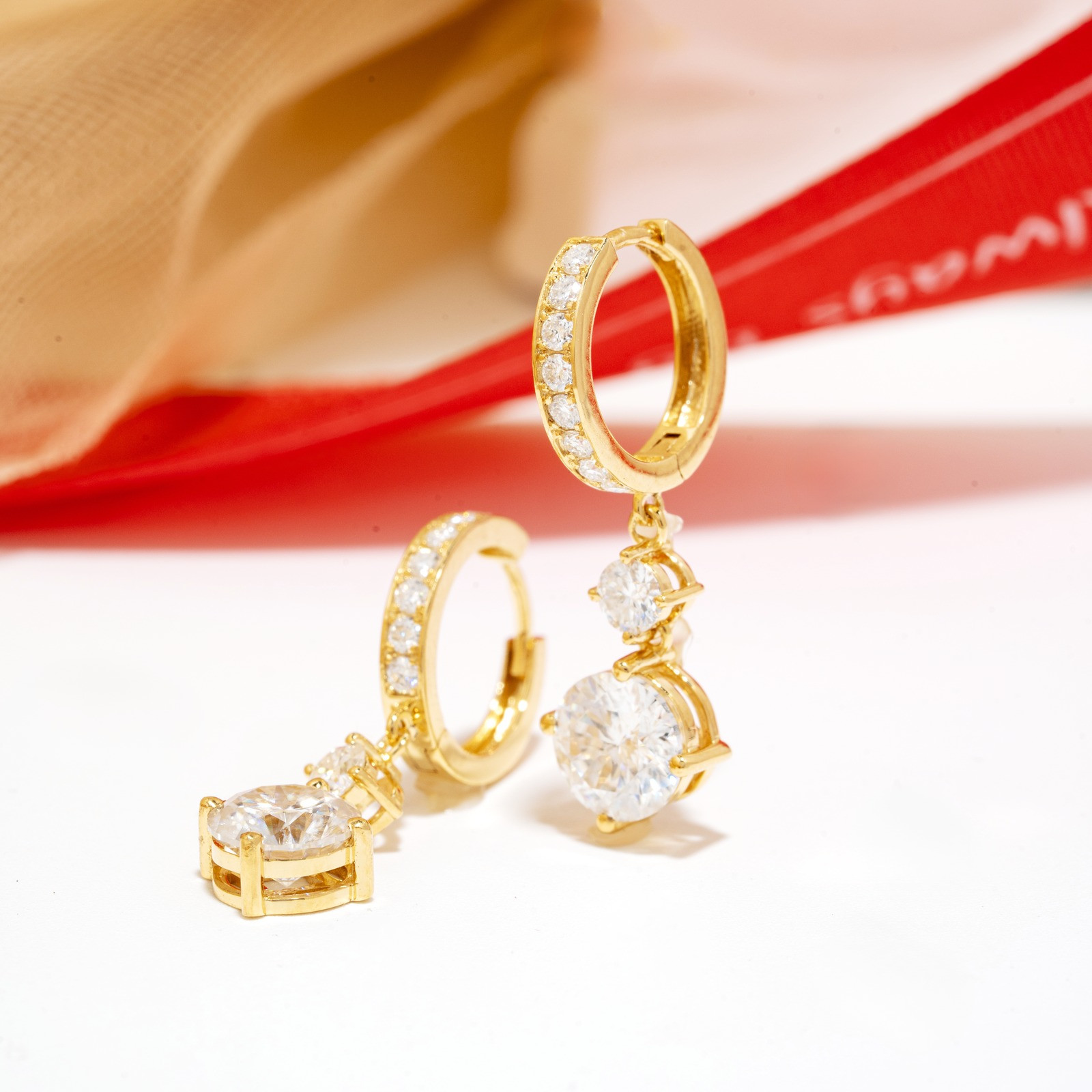 Round Moissanite Drop Huggie Earrings in 18K Yellow Gold - View 2