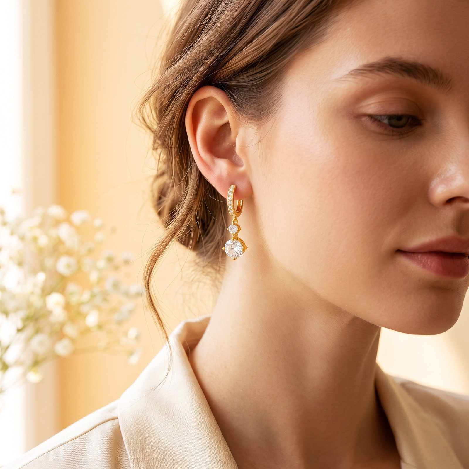 Round Moissanite Drop Huggie Earrings in 18K Yellow Gold - View 4
