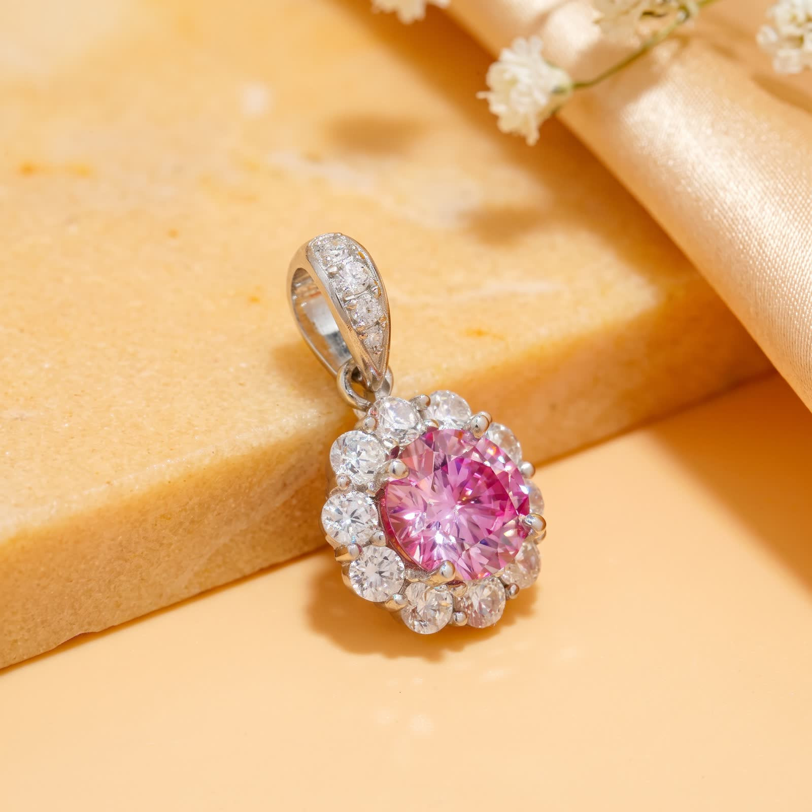 Pink Moissanite Scalloped Halo Necklace in Platinum-Plated Sterling Silver - View 2