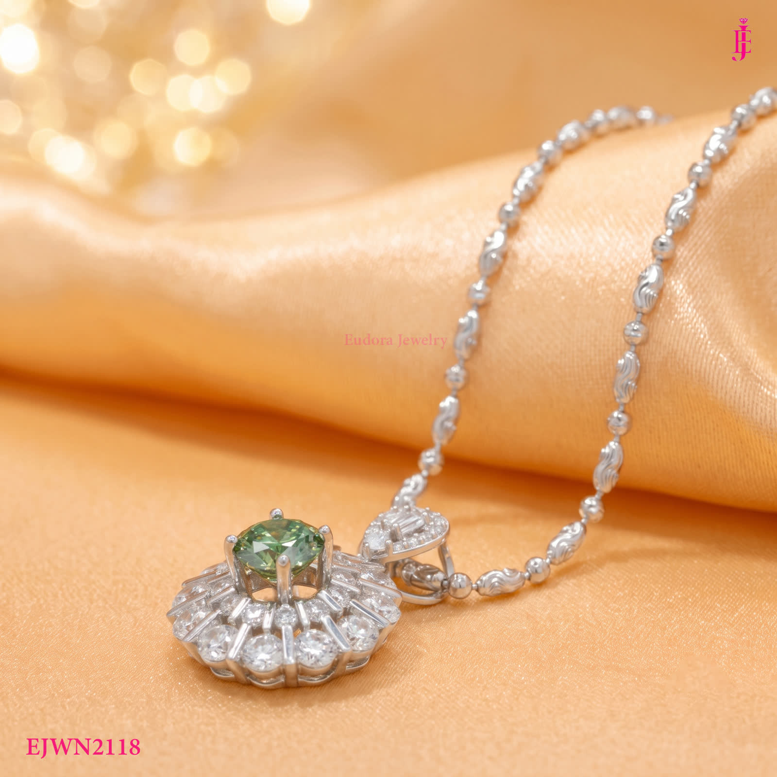 Green Moissanite Sunburst Halo Necklace in Platinum-Plated Sterling Silver - View 3