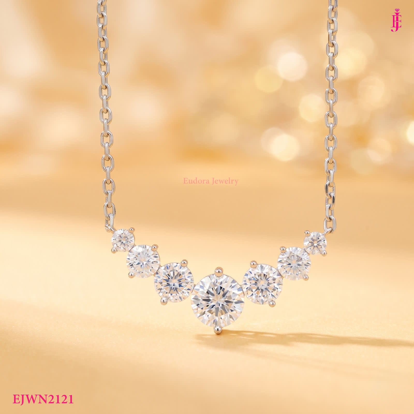 Round Moissanite Graduated Necklace in Sterling Silver - View 1