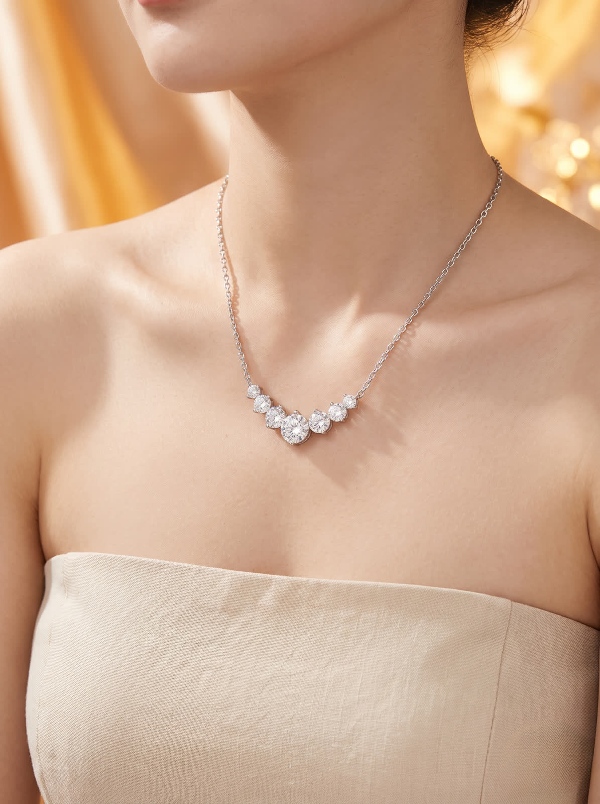Round Moissanite Graduated Necklace in Sterling Silver - View 5