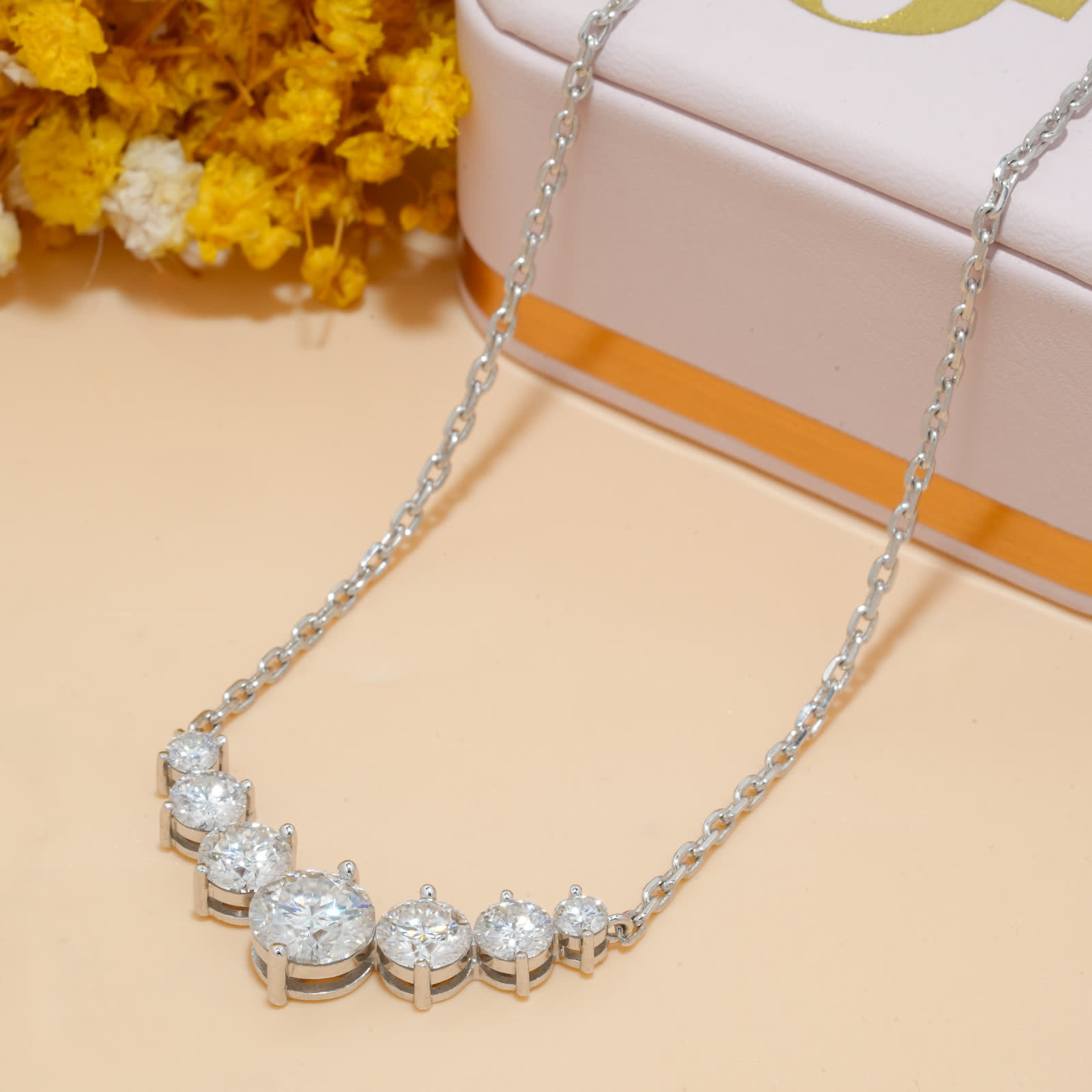 Round Moissanite Graduated Necklace in Sterling Silver - View 6
