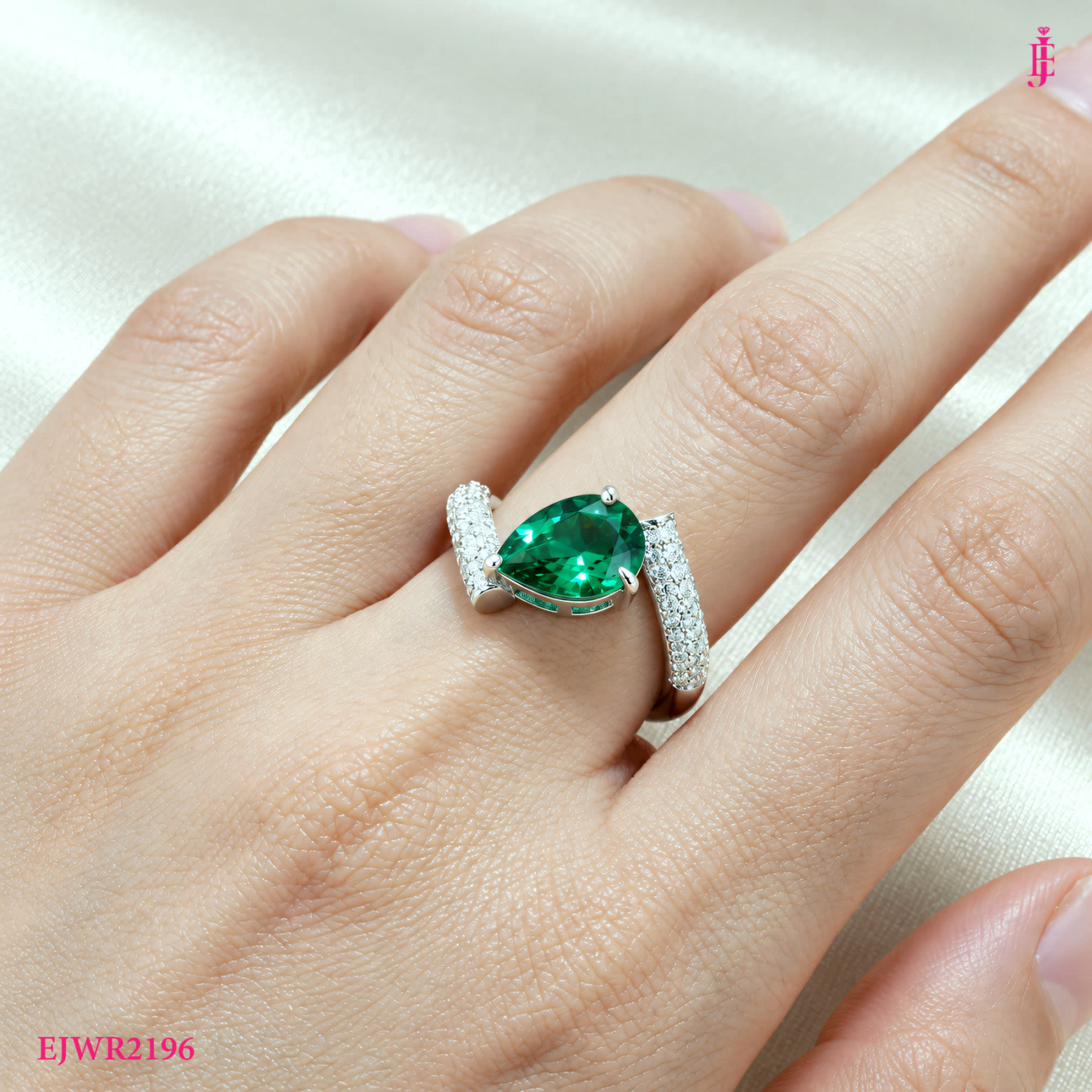 Pear Green CZ Bypass Ring in White Gold-Plated Sterling Silver - View 5