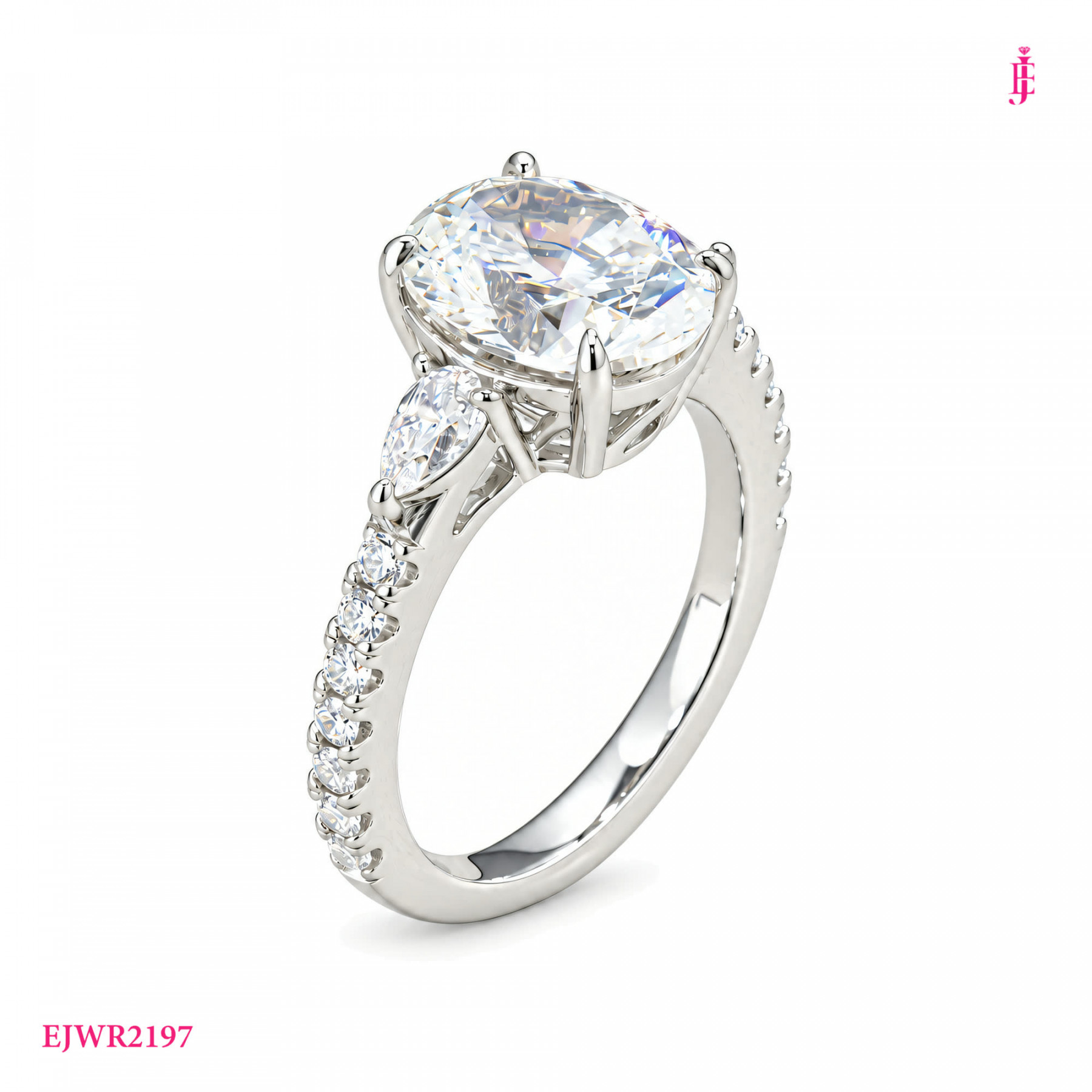 Oval CZ Three-Stone Ring in White Gold-Plated Sterling Silver - View 1