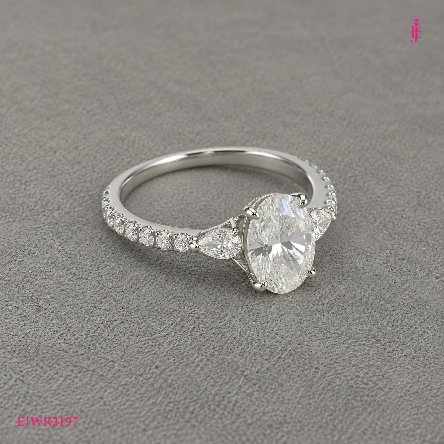 Oval CZ Three-Stone Ring in White Gold-Plated Sterling Silver - View 3