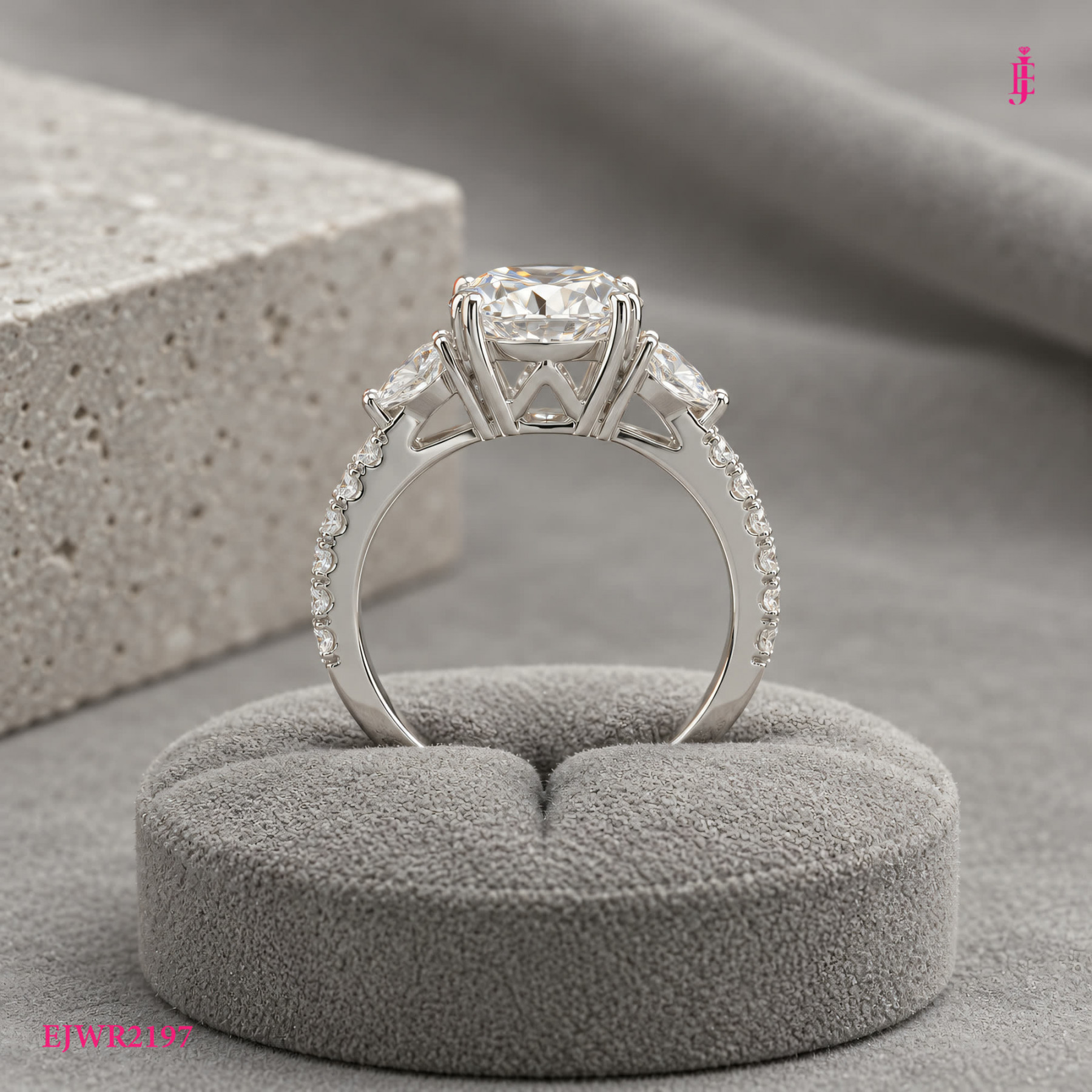 Oval CZ Three-Stone Ring in White Gold-Plated Sterling Silver - View 4