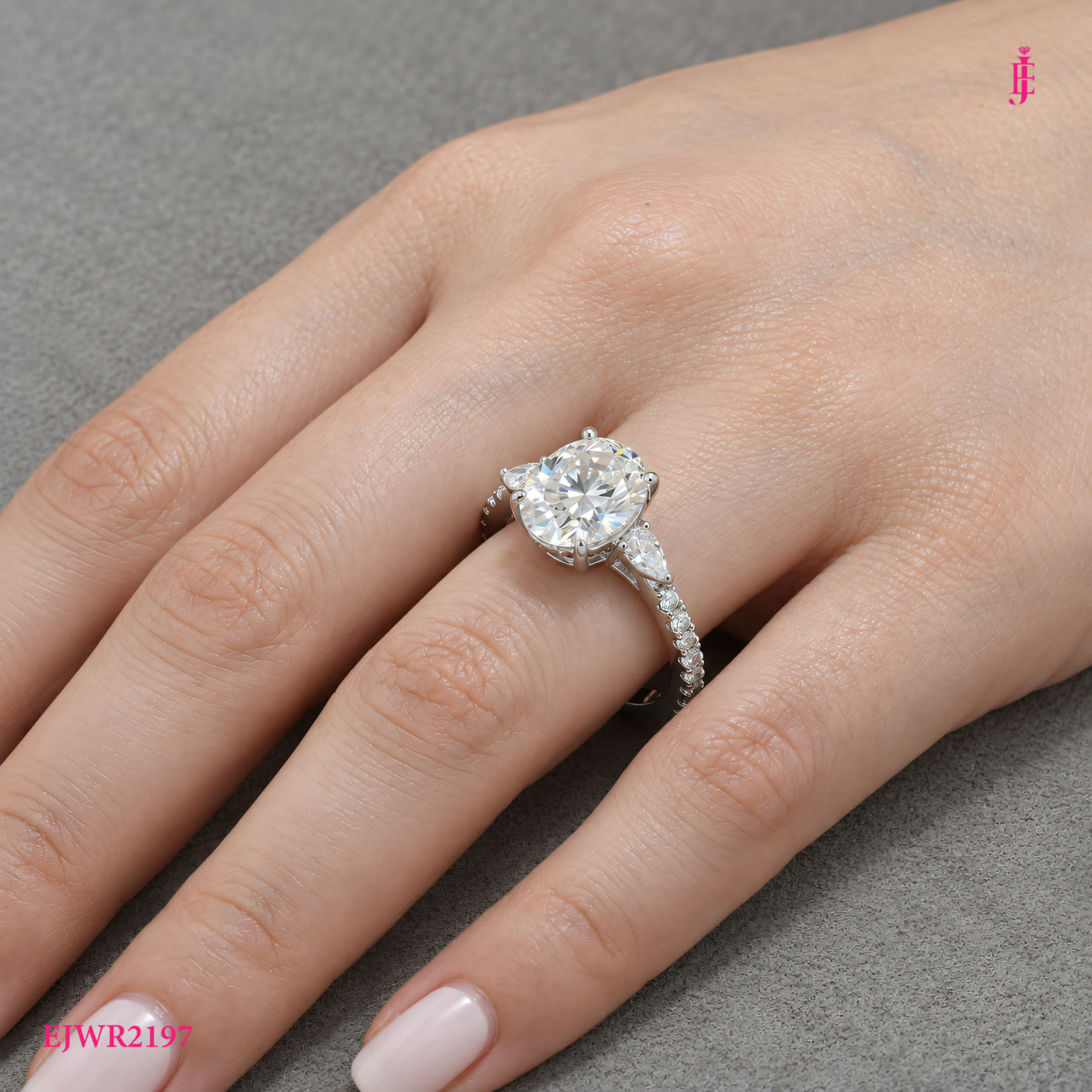 Oval CZ Three-Stone Ring in White Gold-Plated Sterling Silver - View 5