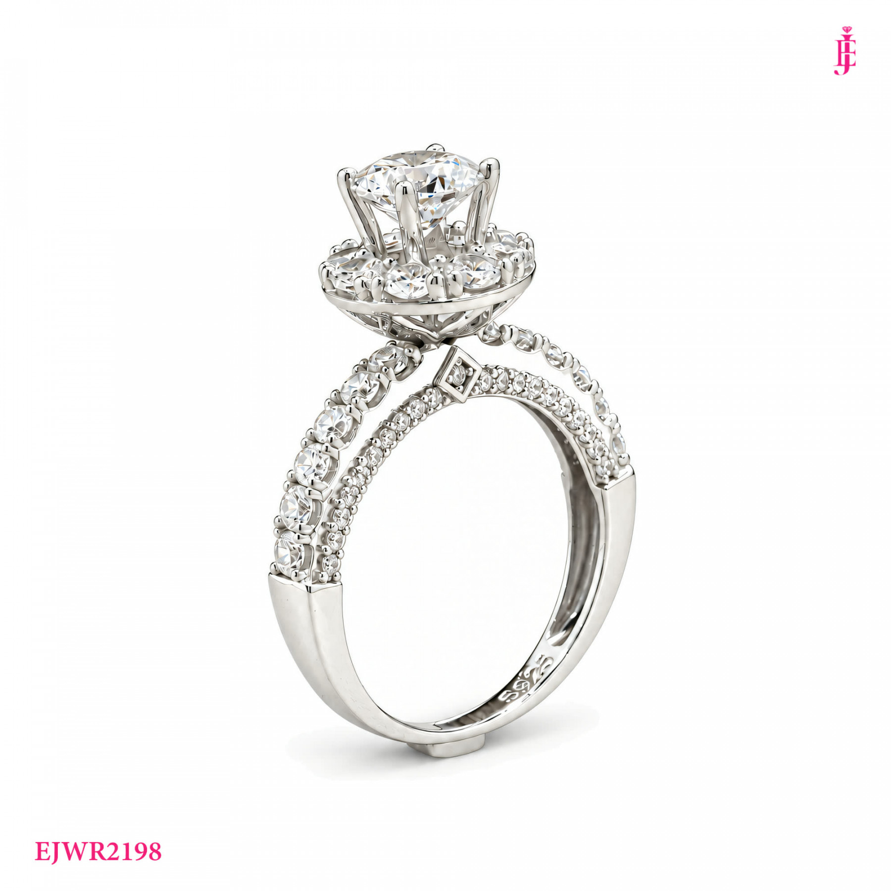 Round Moissanite Halo Ring in White Gold-Plated Sterling Silver - View 1