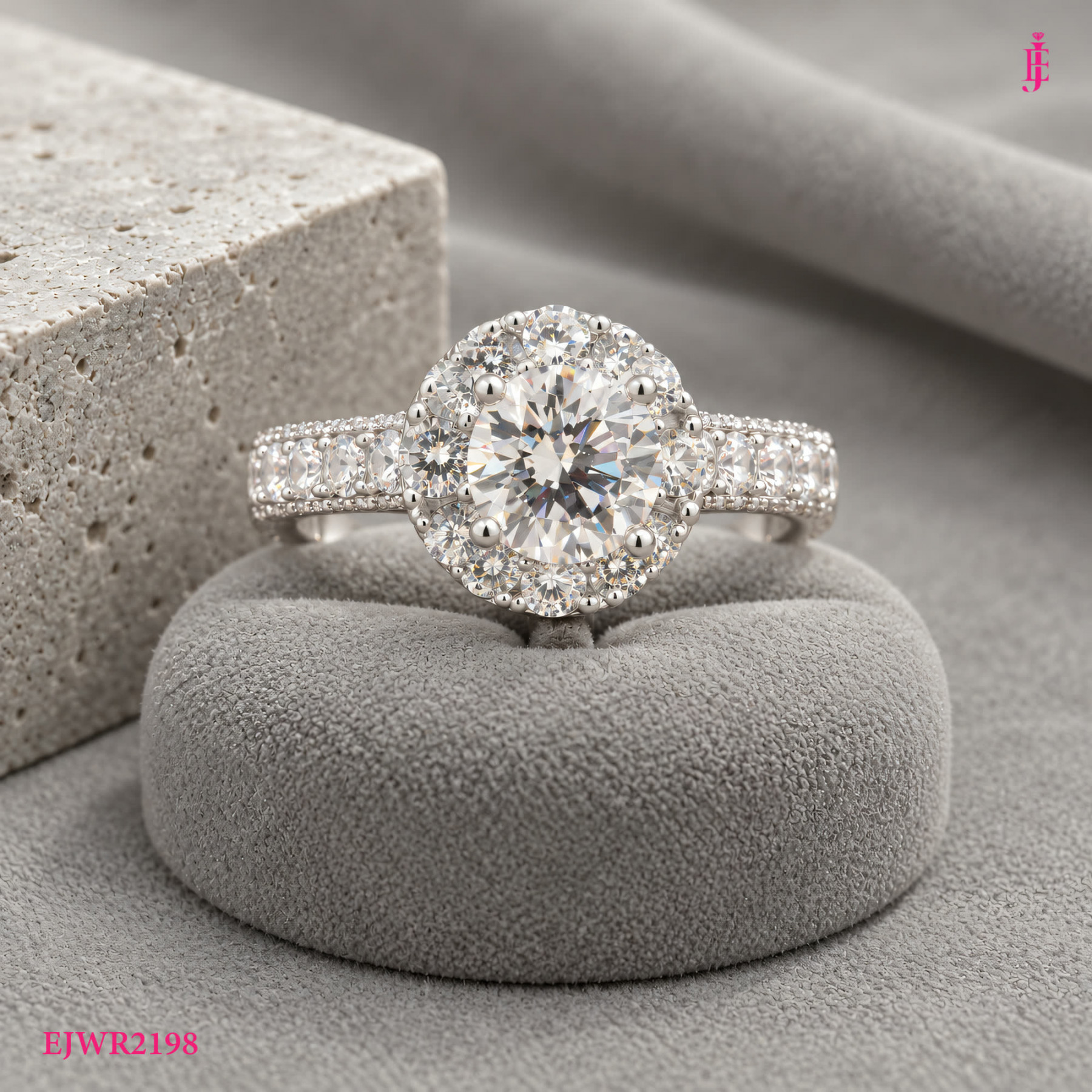 Round Moissanite Halo Ring in White Gold-Plated Sterling Silver - View 2