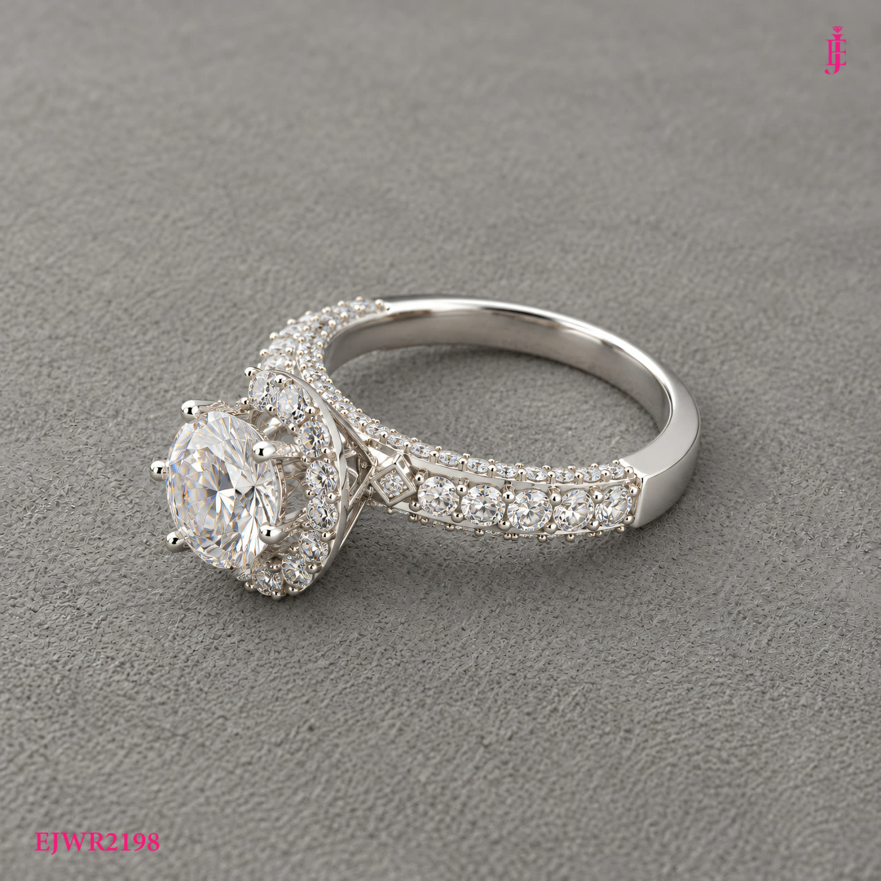 Round Moissanite Halo Ring in White Gold-Plated Sterling Silver - View 3