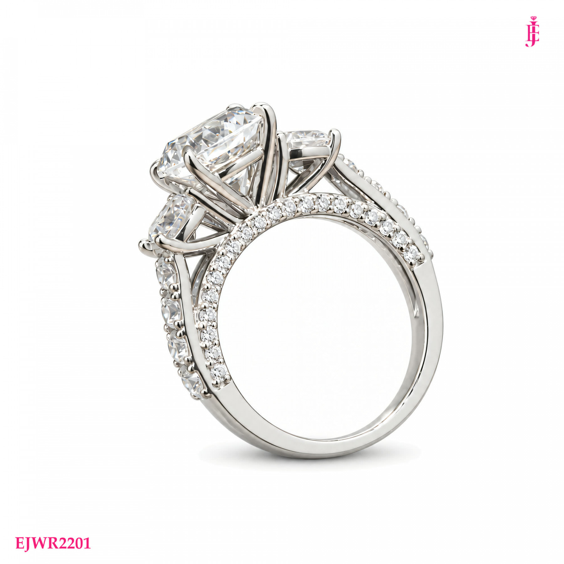 Moissanite Side-Stone Ring in White Gold-Plated Sterling Silver - View 1