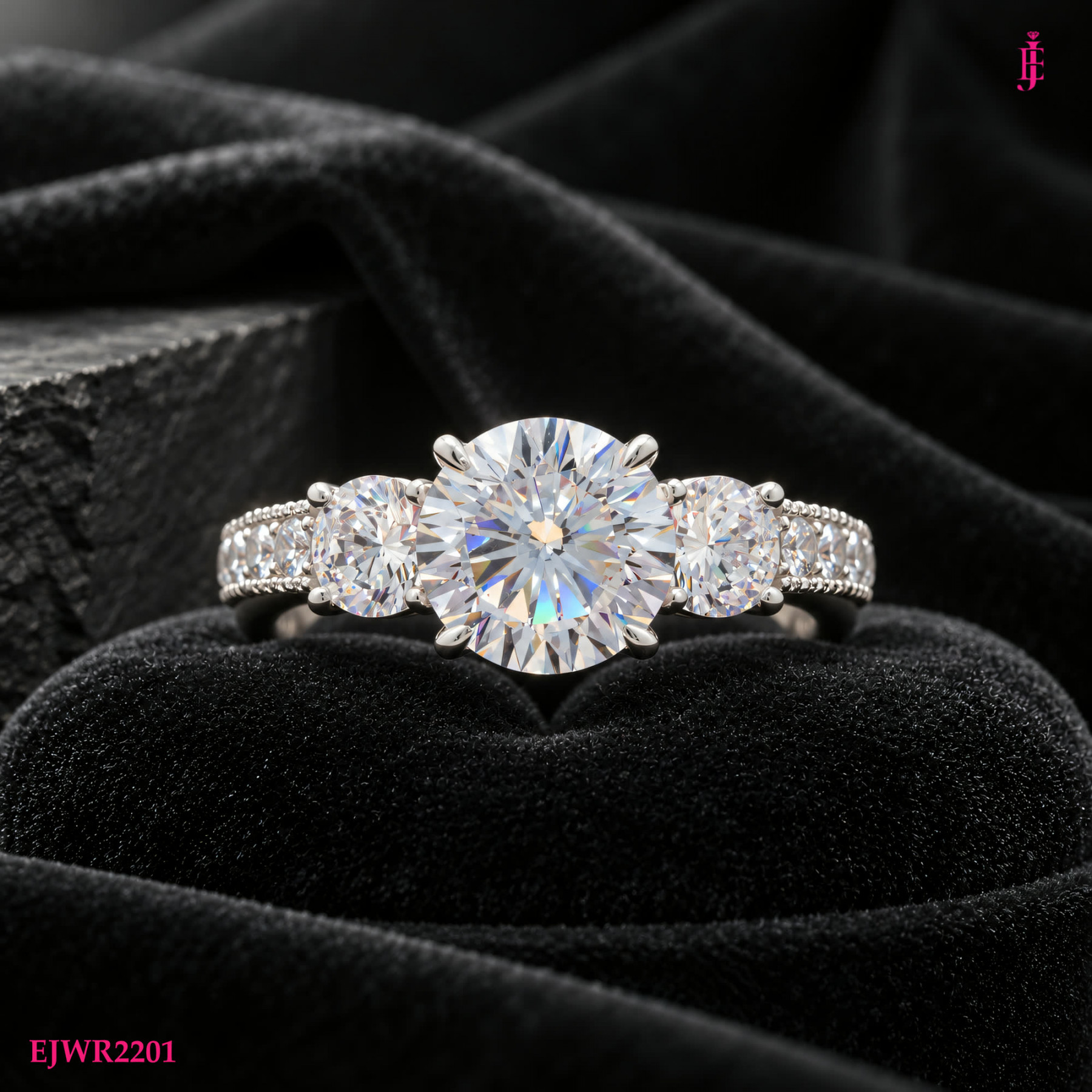 Moissanite Side-Stone Ring in White Gold-Plated Sterling Silver - View 2