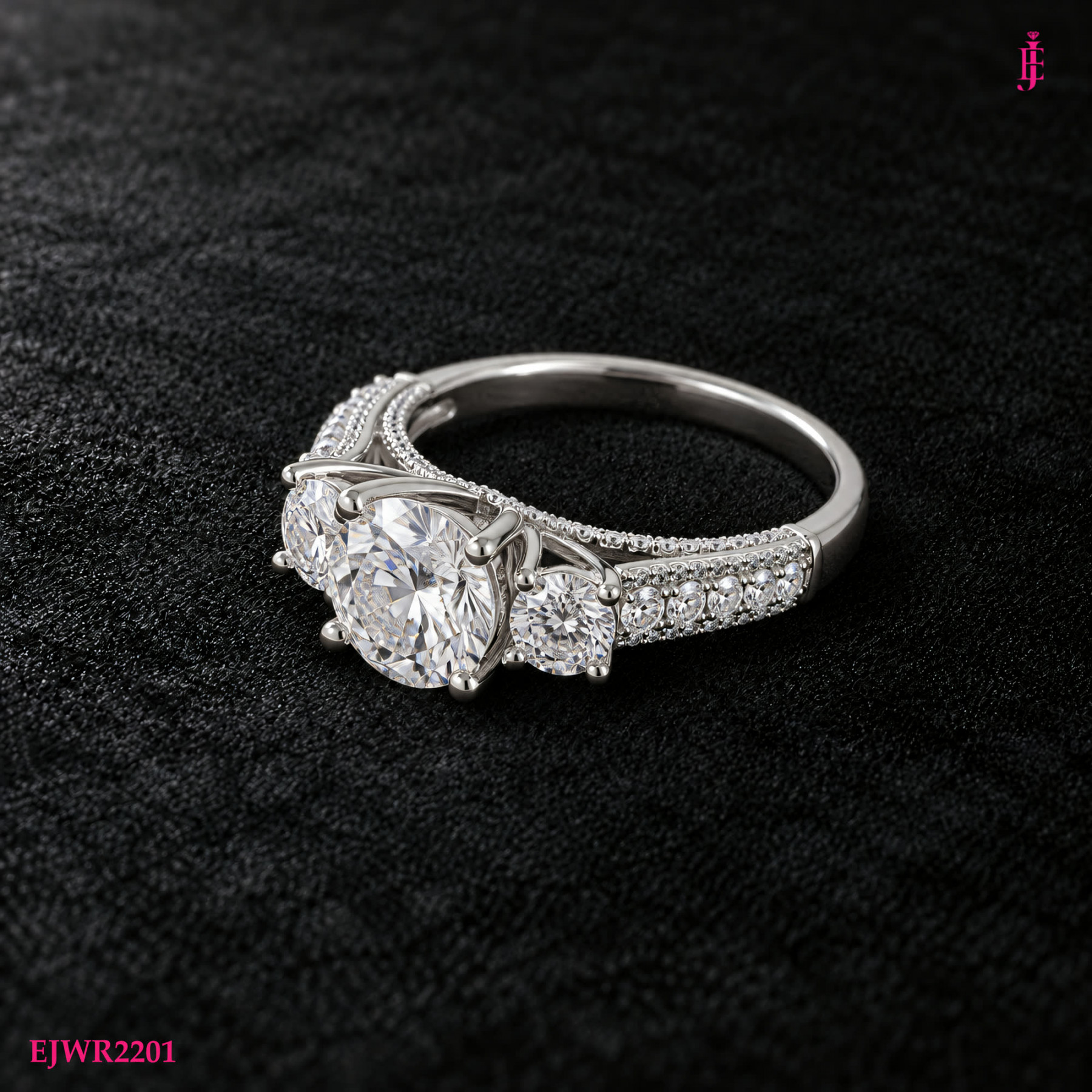 Moissanite Side-Stone Ring in White Gold-Plated Sterling Silver - View 3