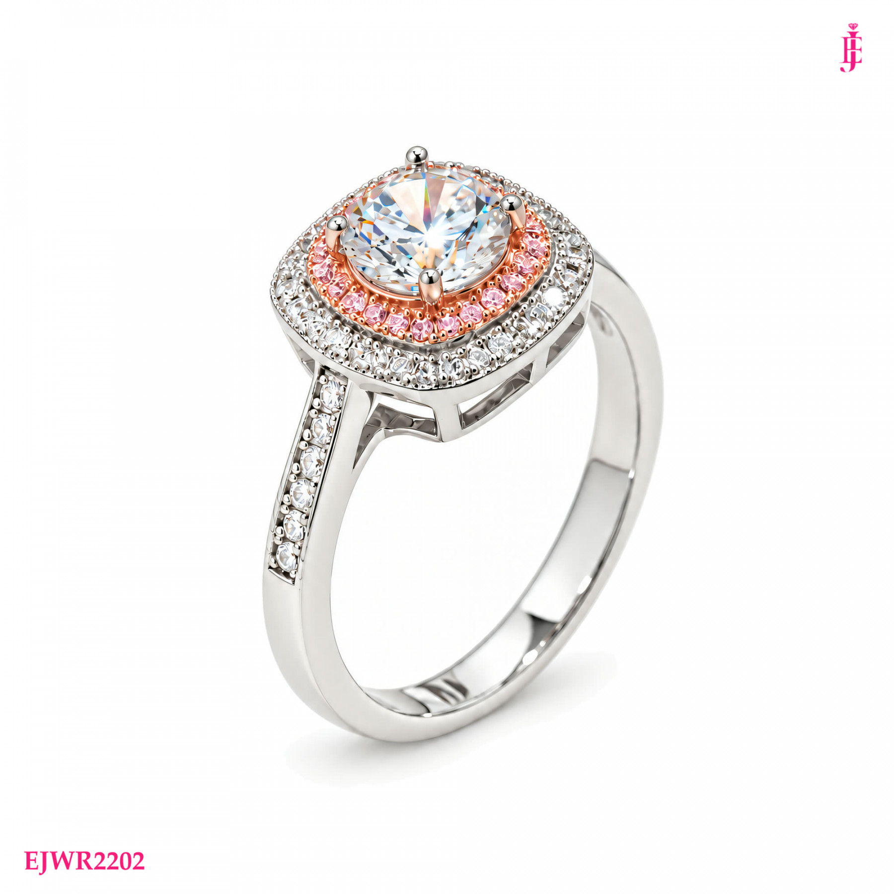 Moissanite Pink Halo Ring in White Gold-Plated Sterling Silver - View 1