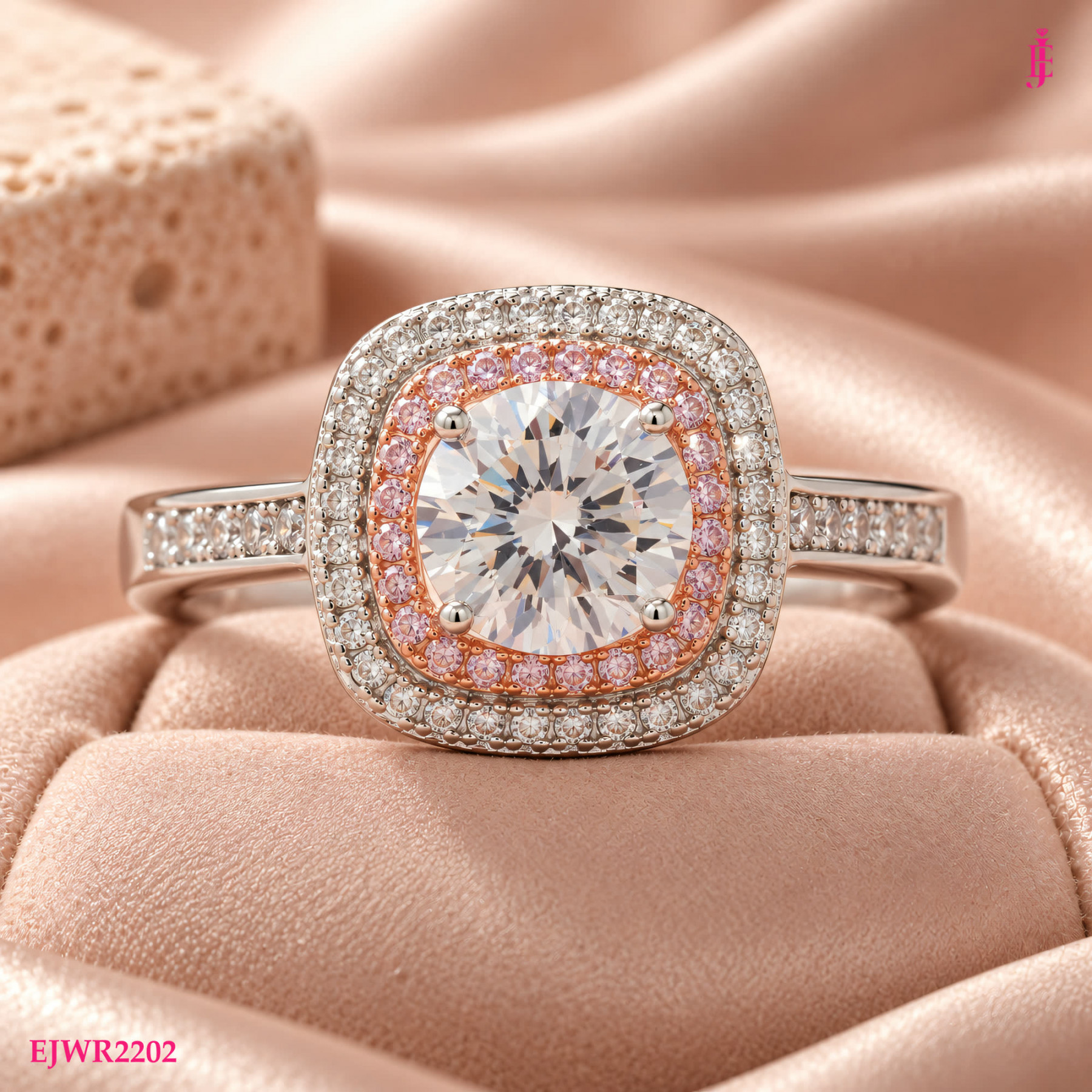 Moissanite Pink Halo Ring in White Gold-Plated Sterling Silver - View 2