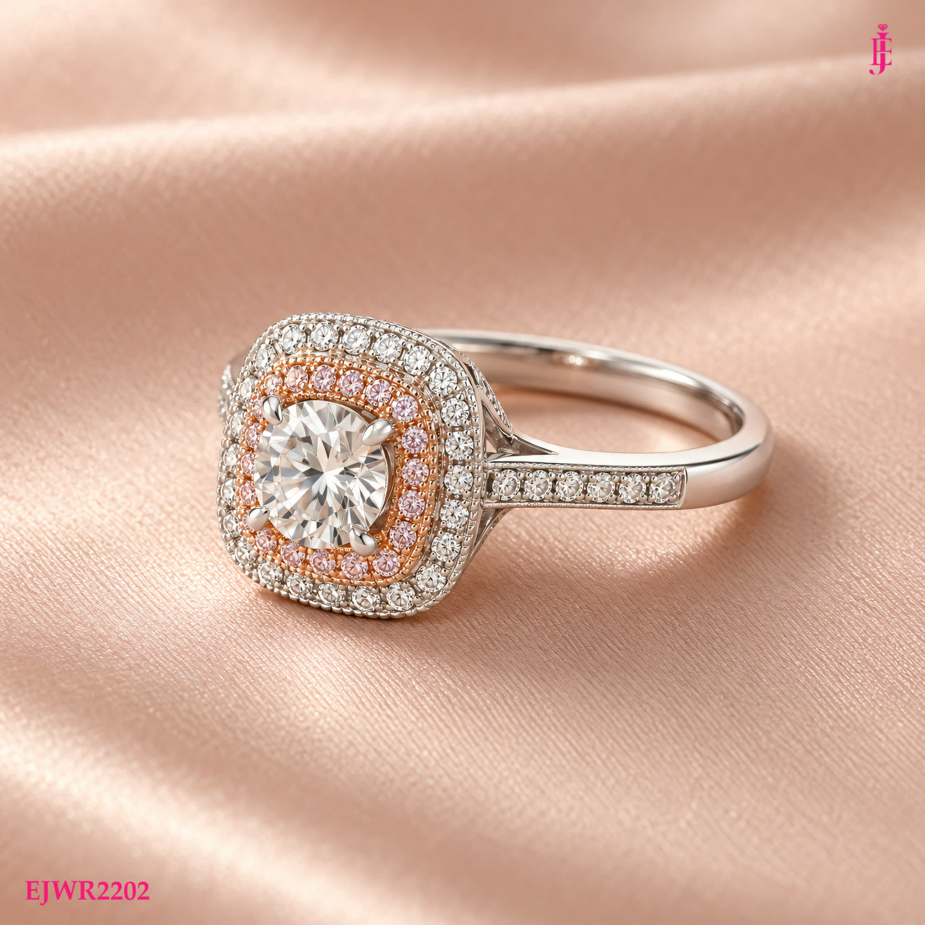 Moissanite Pink Halo Ring in White Gold-Plated Sterling Silver - View 3