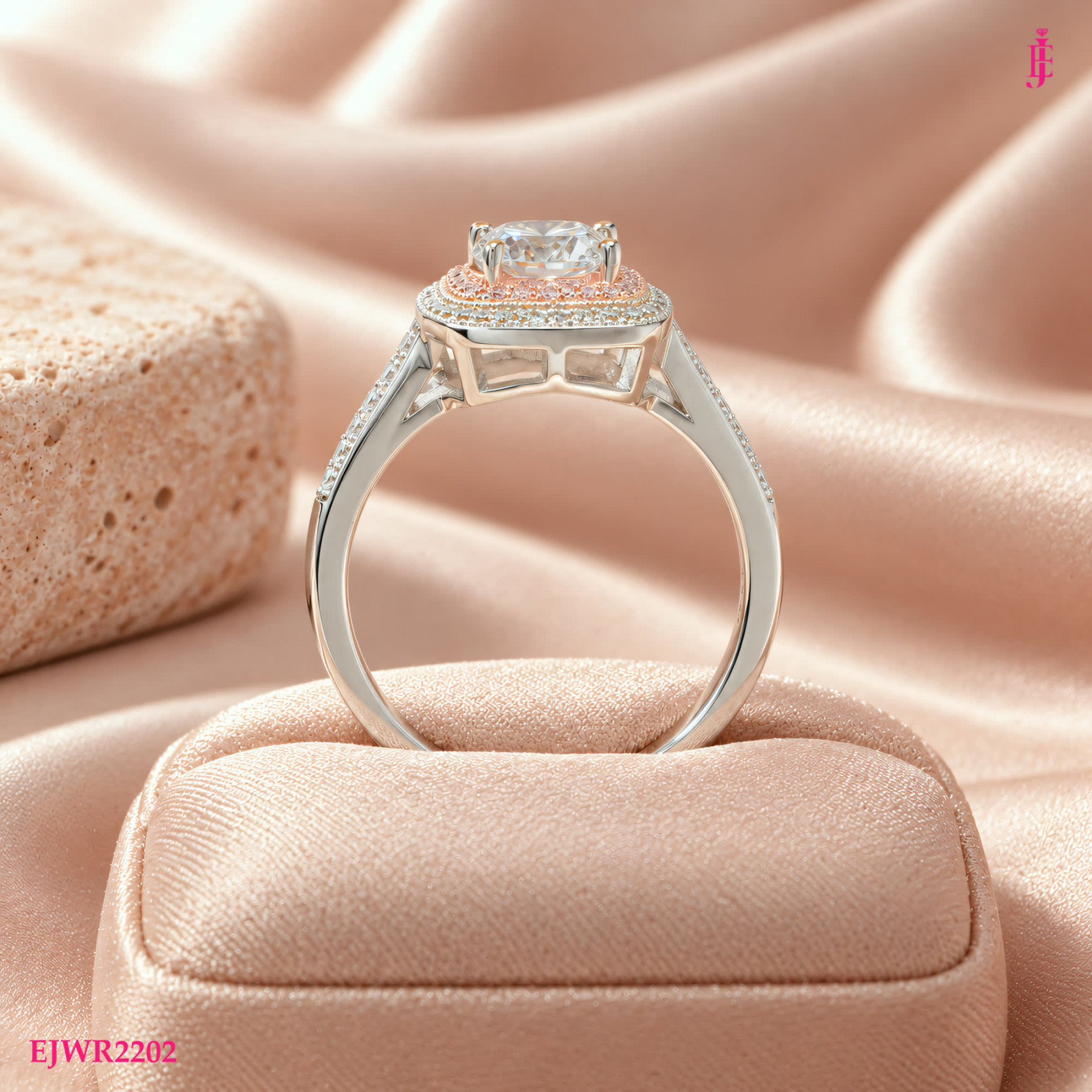 Moissanite Pink Halo Ring in White Gold-Plated Sterling Silver - View 4