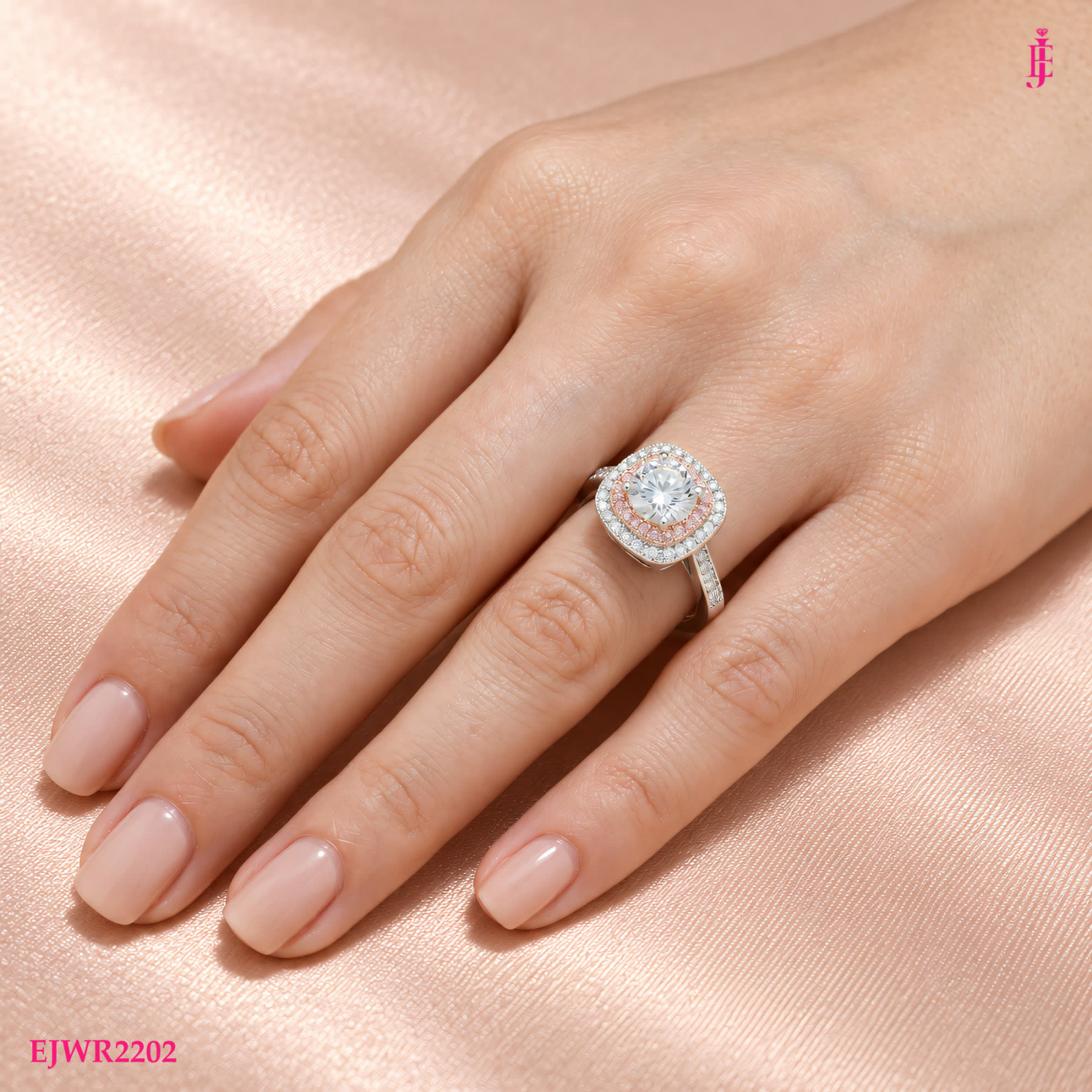 Moissanite Pink Halo Ring in White Gold-Plated Sterling Silver - View 5