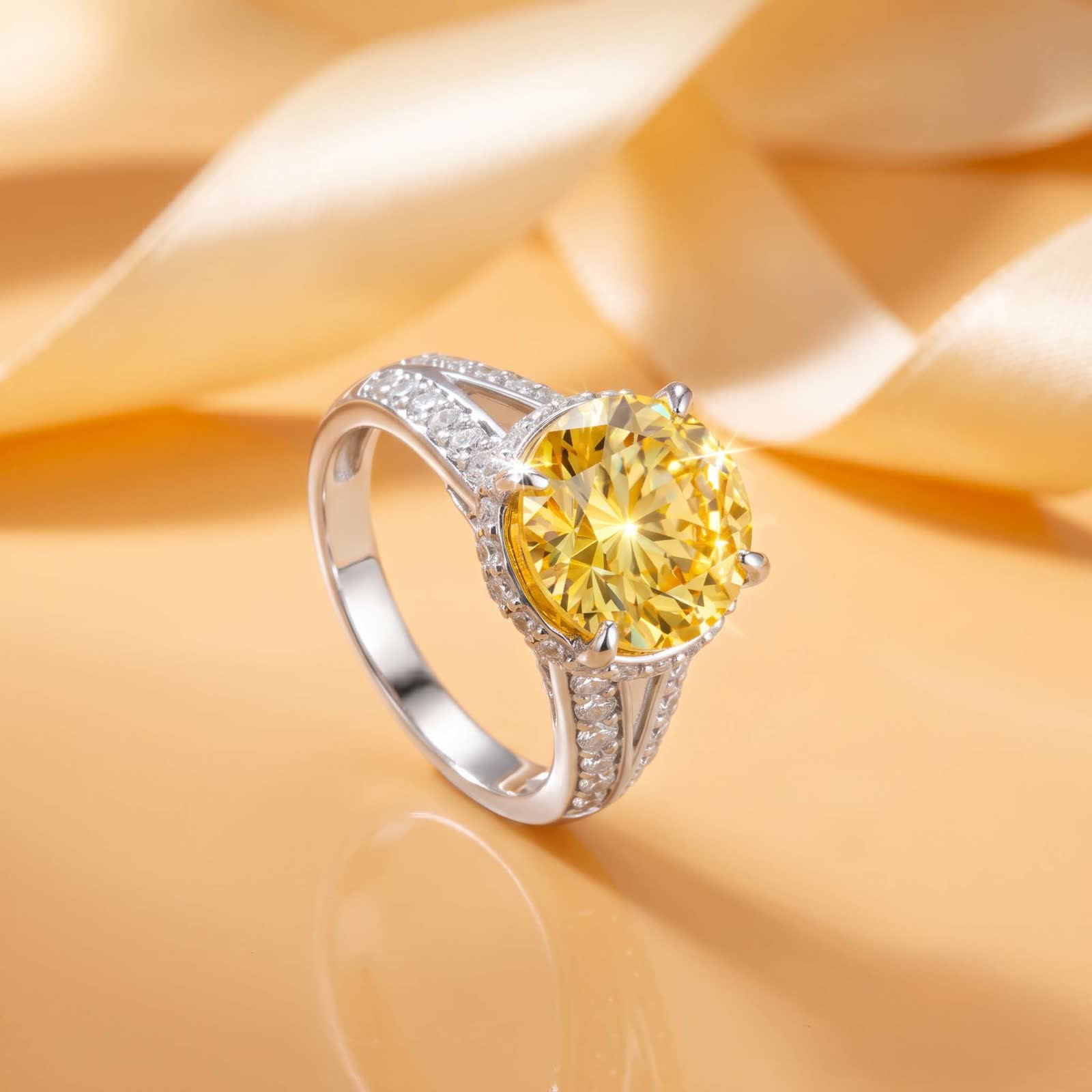 Yellow Center Cubic Zirconia Halo Ring in Platinum-Plated Sterling Silver - View 2