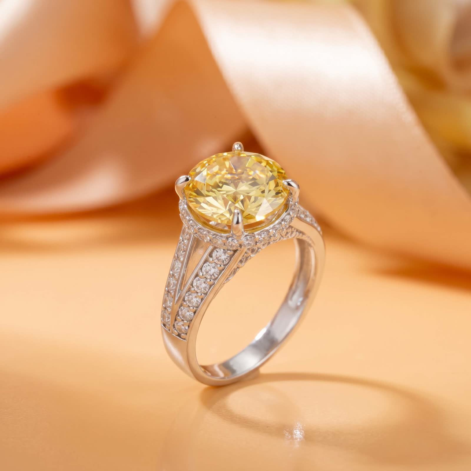 Yellow Center Cubic Zirconia Halo Ring in Platinum-Plated Sterling Silver - View 3