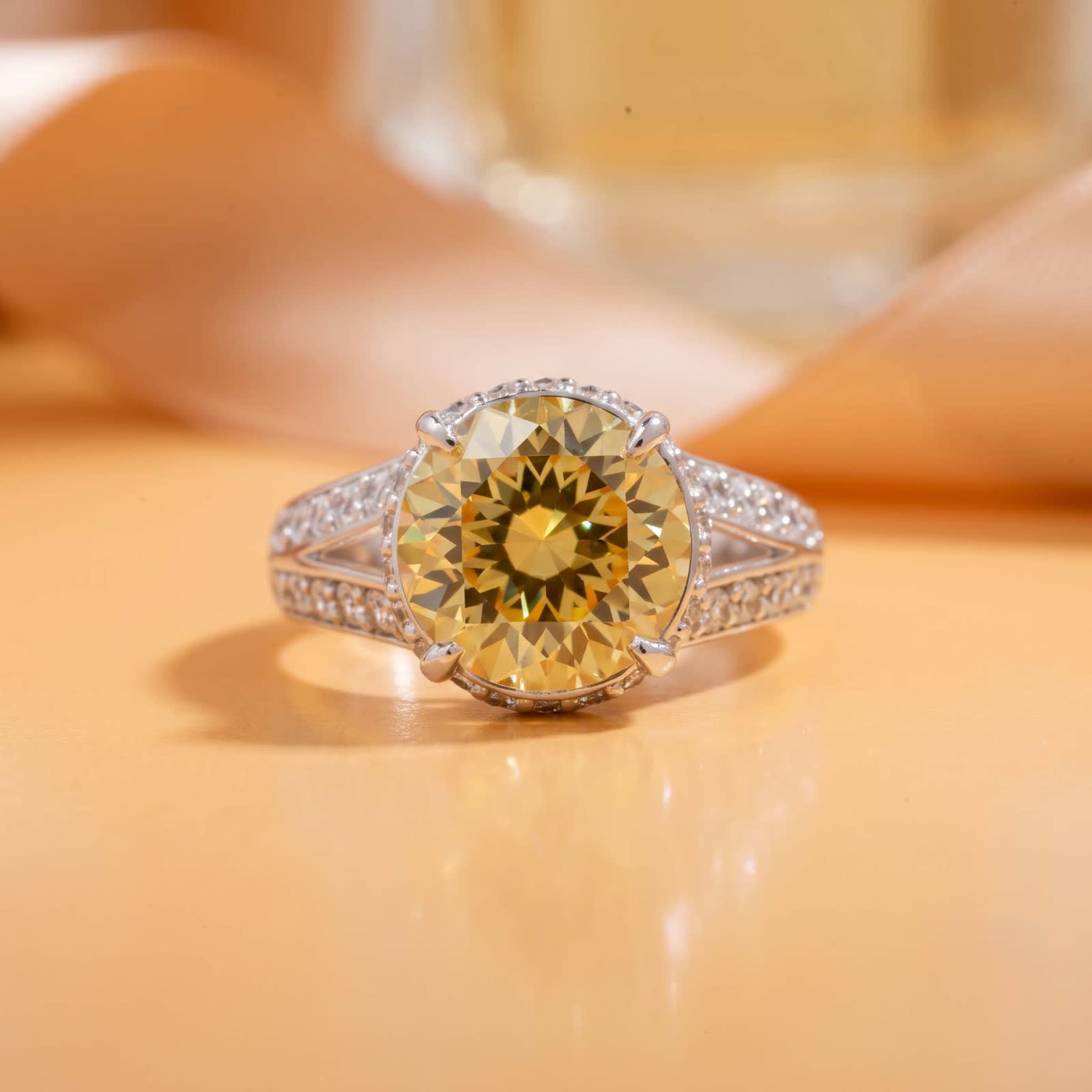 Yellow Center Cubic Zirconia Halo Ring in Platinum-Plated Sterling Silver - View 4