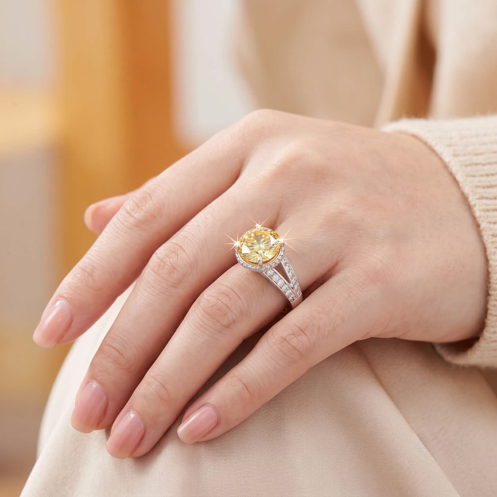 Yellow Center Cubic Zirconia Halo Ring in Platinum-Plated Sterling Silver - View 5