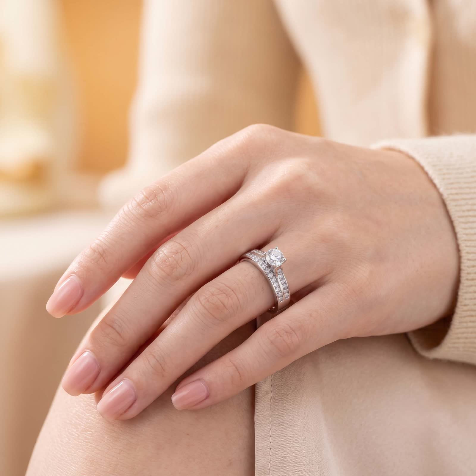 Round Cubic Zirconia Solitaire Ring in Platinum-Plated Sterling Silver - View 5