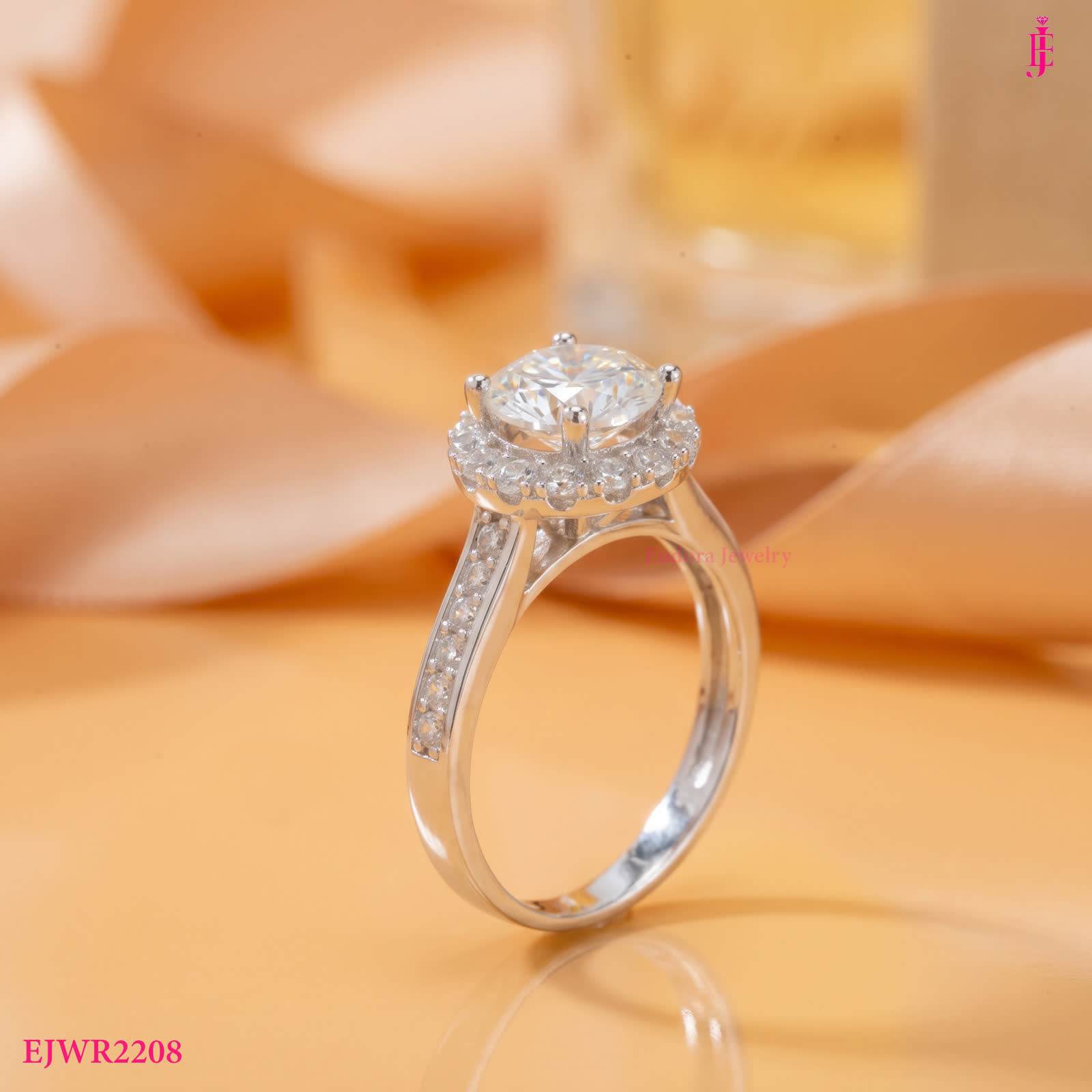 Round Halo CZ Ring in Platinum-Plated Sterling Silver - View 1