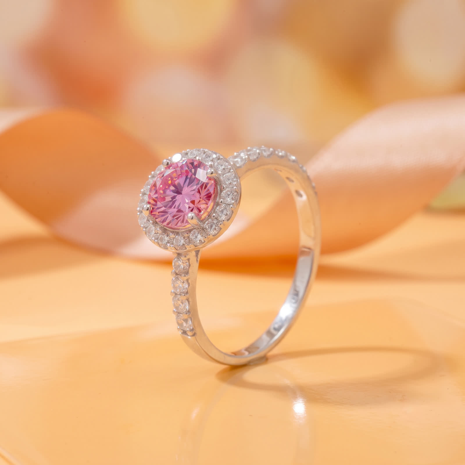 Round Pink Moissanite Halo Ring in Platinum-Plated Sterling Silver - View 3
