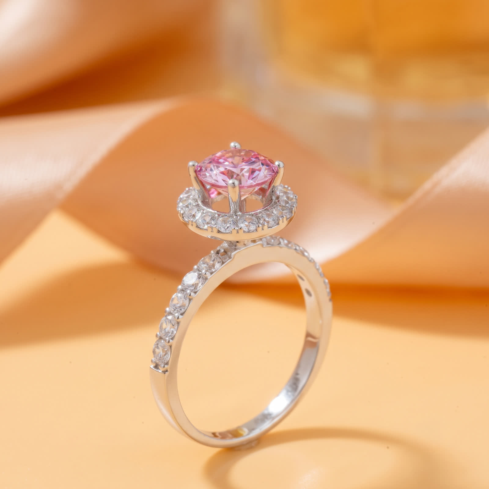 Round Pink Moissanite Halo Ring in Platinum-Plated Sterling Silver - View 4