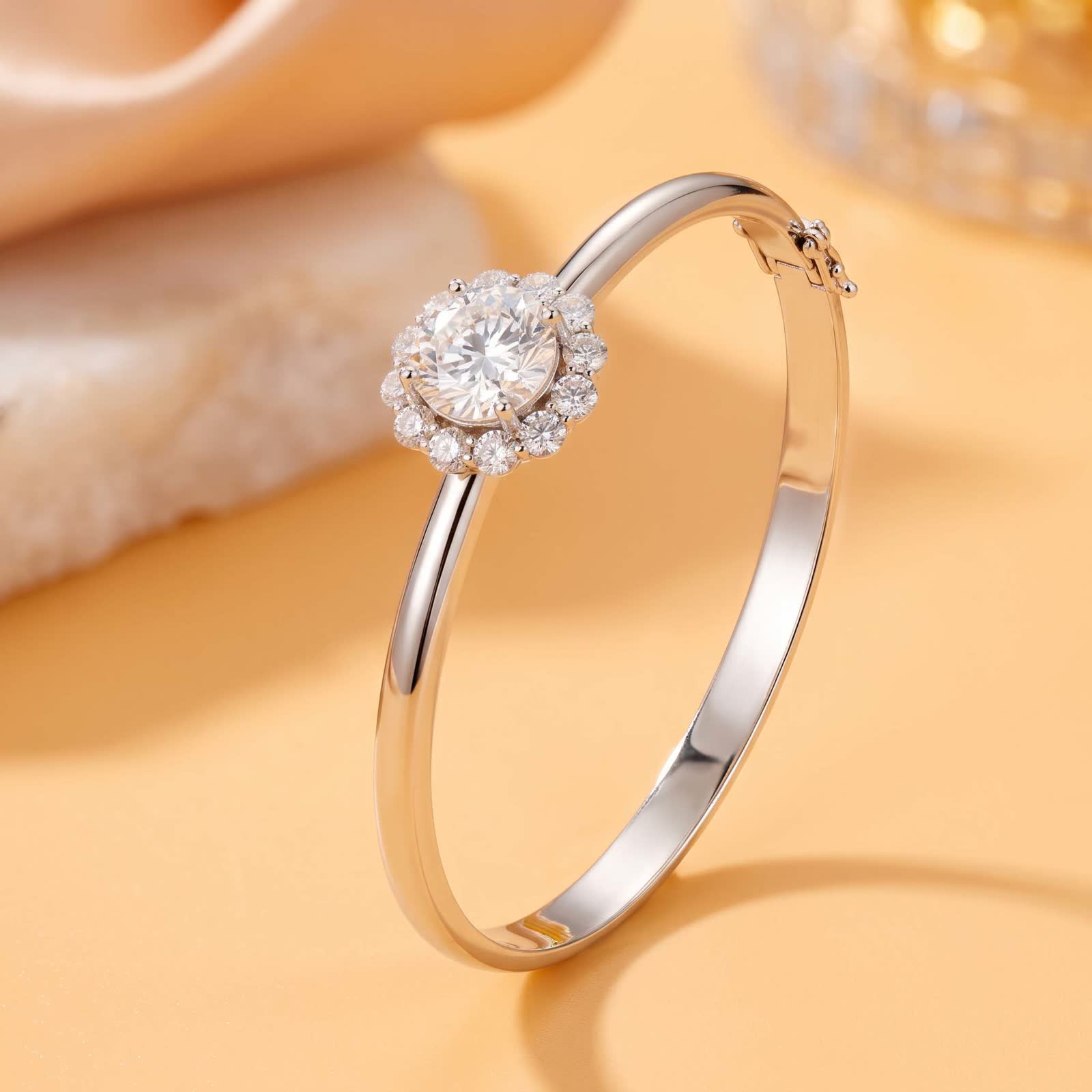 Round Halo Bangle in Platinum-Plated Sterling Silver - View 5