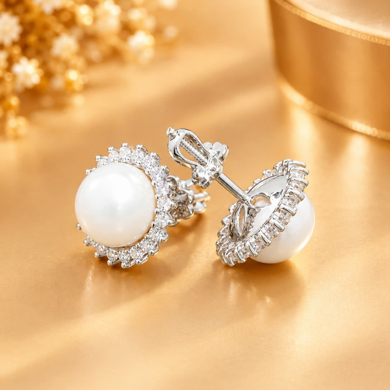 Pearl Halo Stud Earrings in Platinum-Plated Sterling Silver - View 1