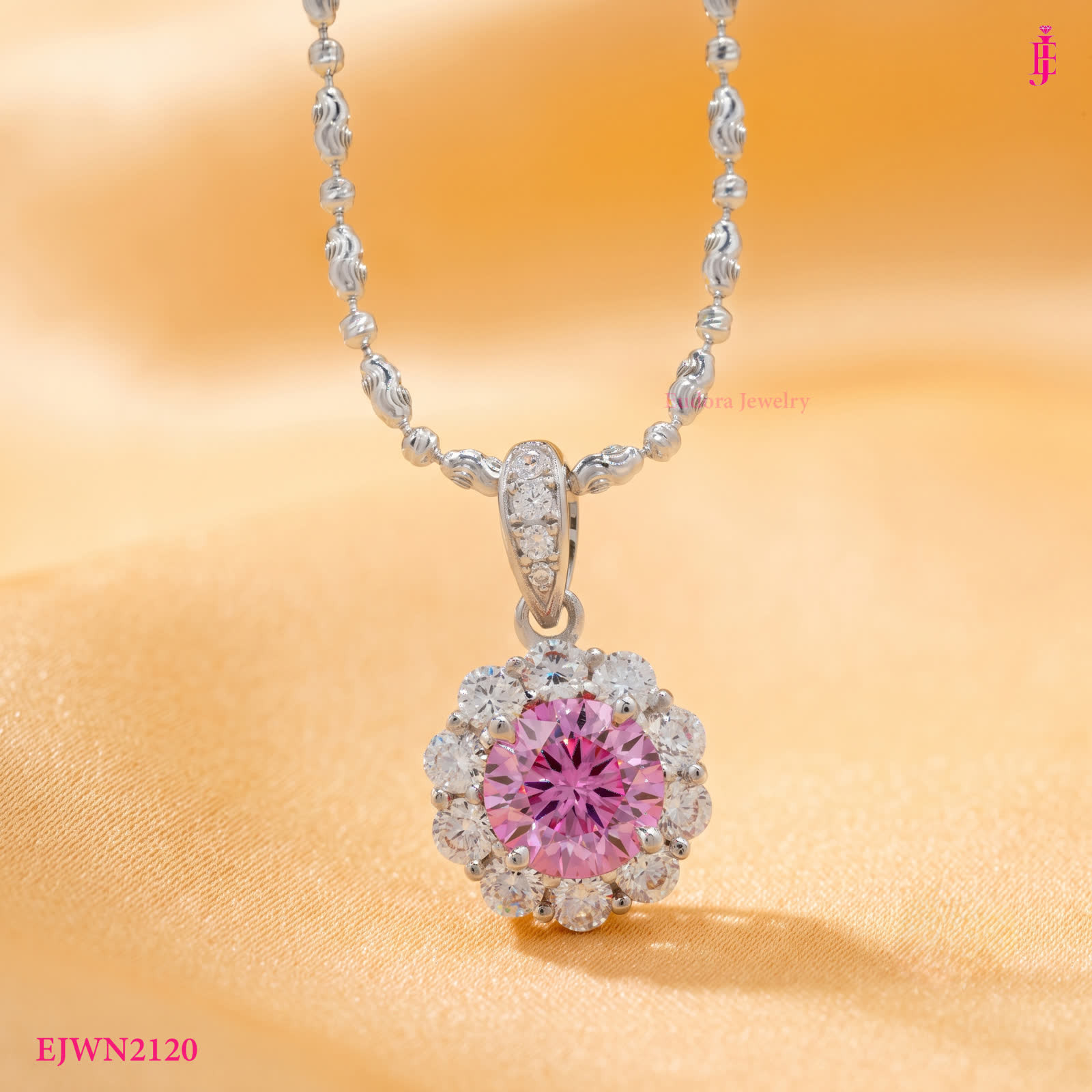 Pink Moissanite Scalloped Halo Necklace in Platinum-Plated Sterling Silver - View 1