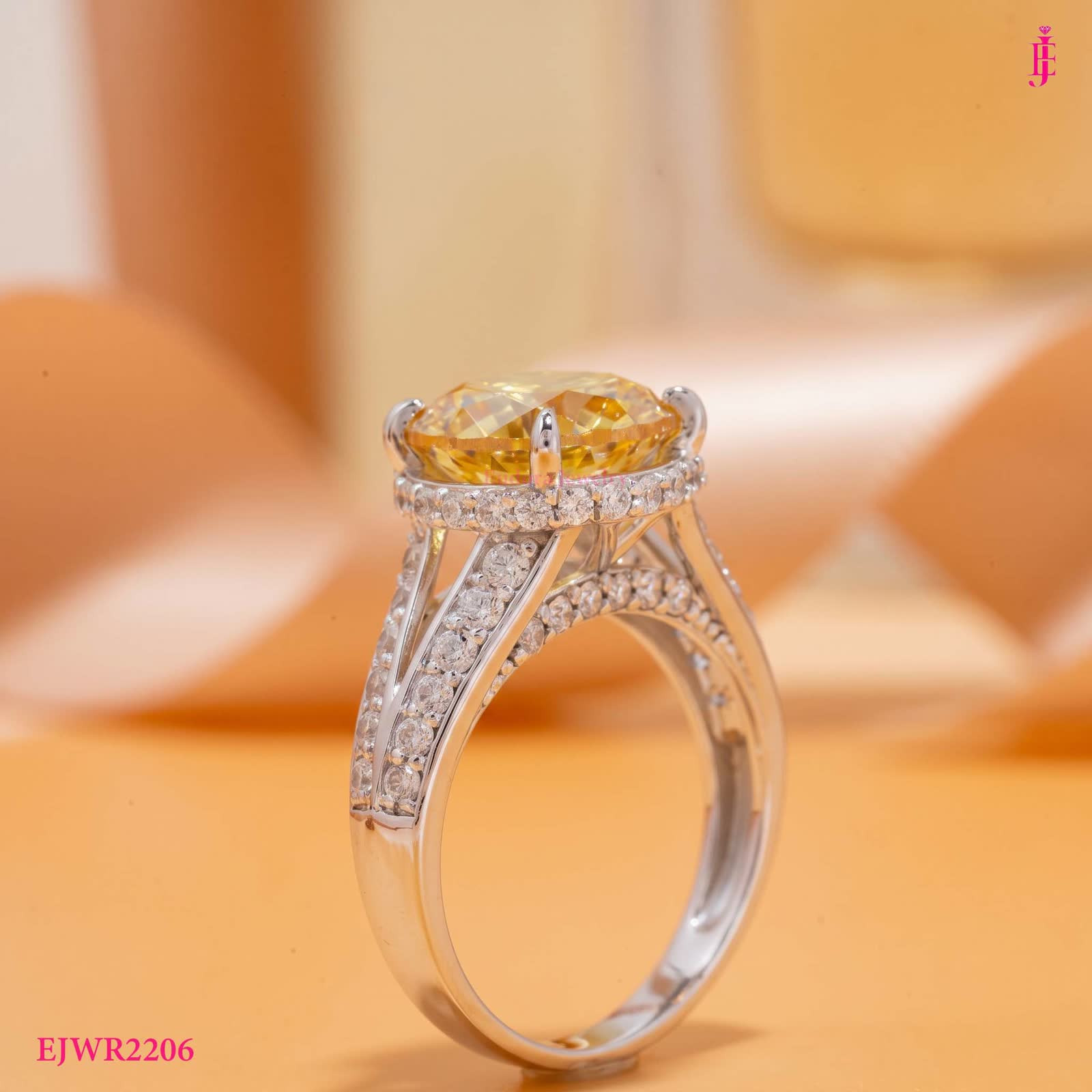 Yellow Center Cubic Zirconia Halo Ring in Platinum-Plated Sterling Silver - View 1