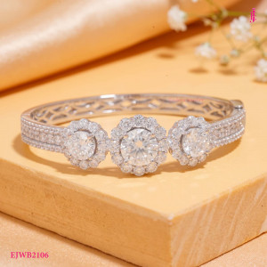 Three Stone Floral Halo Moissanite Bangle in Platinum-Plated Silver