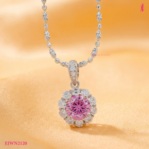 Pink Moissanite Scalloped Halo Necklace in Platinum-Plated Sterling Silver