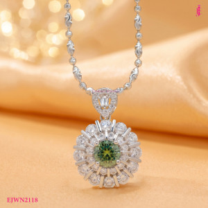Green Moissanite Sunburst Halo Necklace in Platinum-Plated Sterling Silver