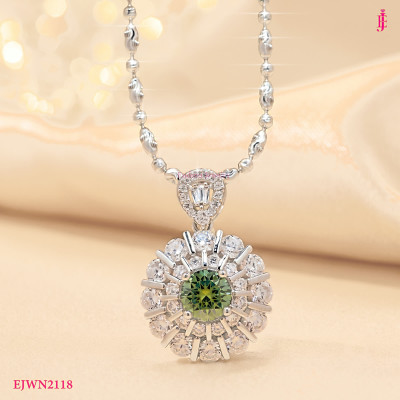 Green Moissanite Sunburst Halo Necklace in Platinum-Plated Sterling Silver - View 1