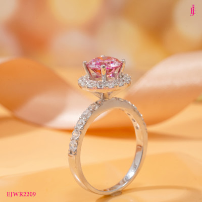 Round Pink Moissanite Halo Ring in Platinum-Plated Sterling Silver - View 1