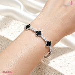 Black Onyx Four-Leaf Clover Bracelet in Sterling Silver - View 6