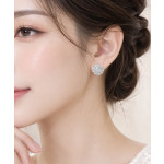 Round CZ Floral Halo Earrings in Sterling Silver - View 5